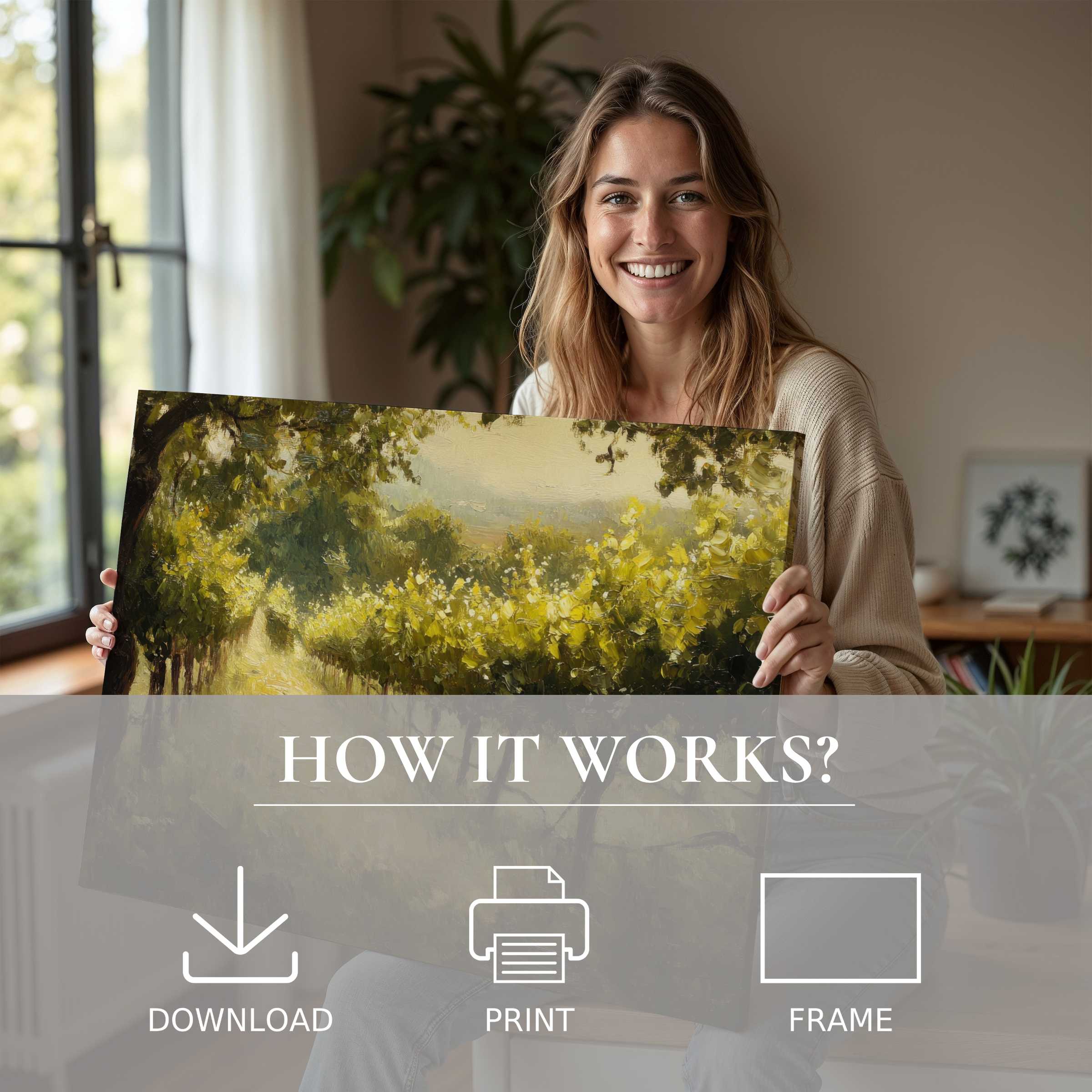 A joyful moment in a sunlit modern home, embracing the serene beauty of a botanical digital art print’s warm, natural tones