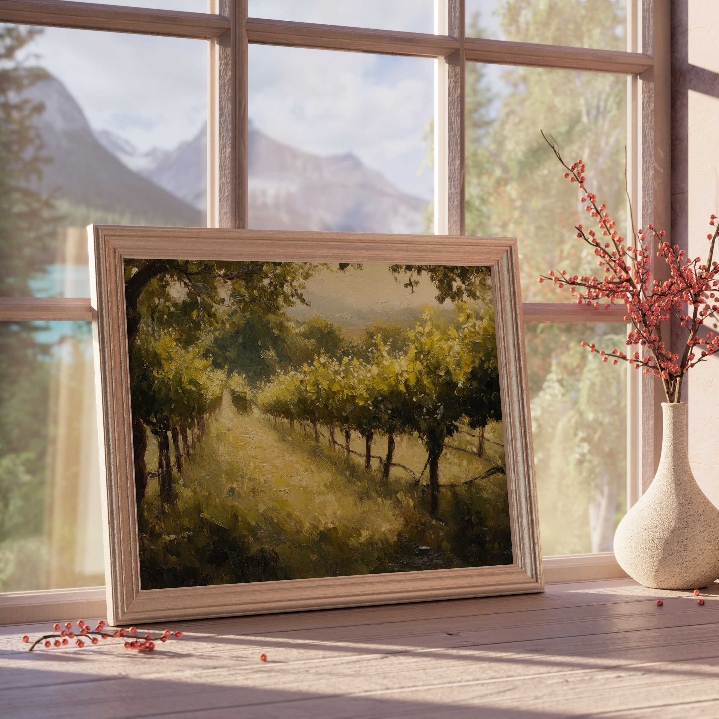 Botanical downloadable art capturing a serene vineyard landscape, enriching curated interiors with warm, tranquil elegance and refined nature-inspired charm