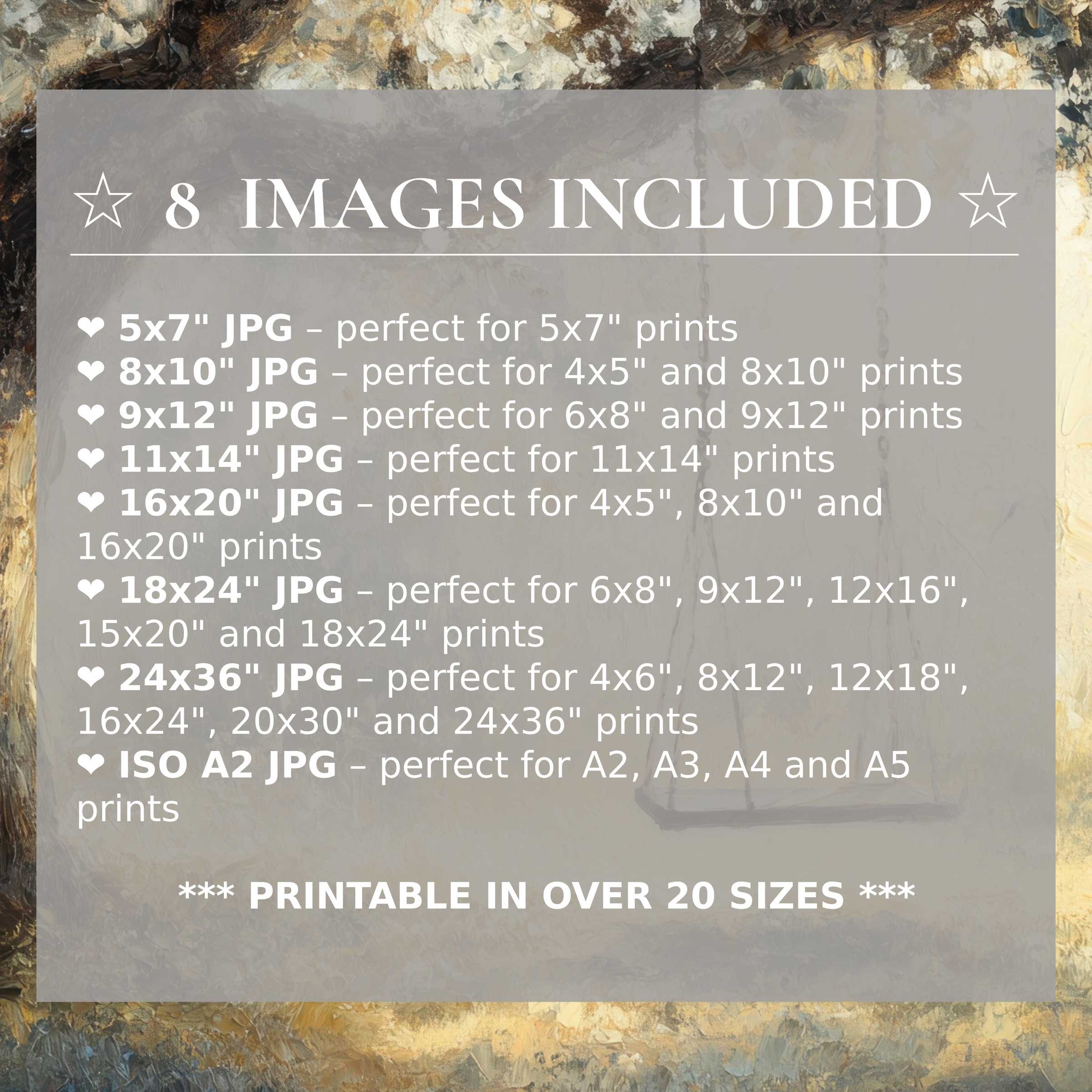Print size guide showing 8 included JPG formats for versatile wall art printing – perfect for framing in popular sizes from 5x7 to 24x36 and A2