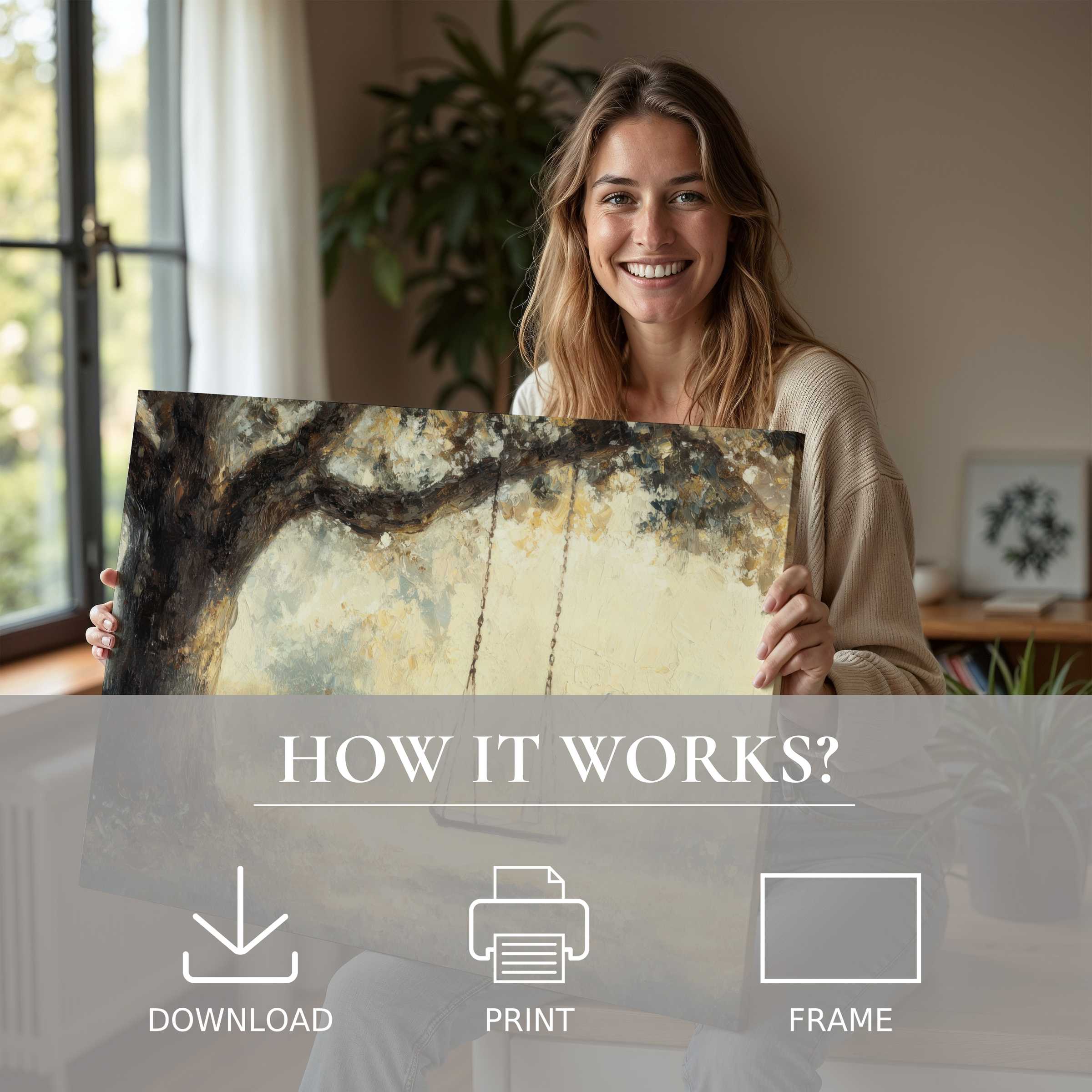 A joyful moment in a stylish living room as a woman embraces a tree digital art print, evoking warmth and connection