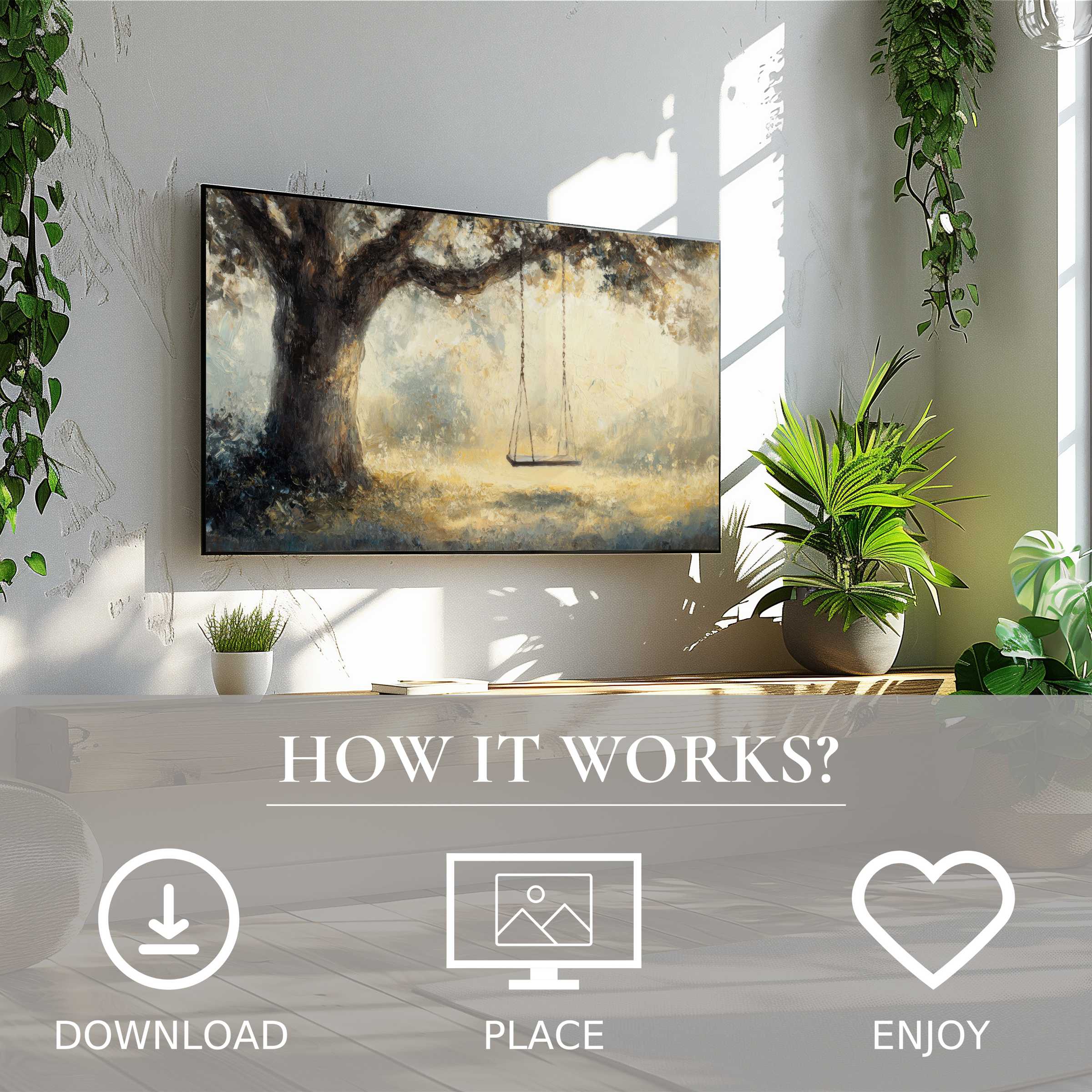 Tree art for Samsung TV shows soft sunset tones with a swing motif; easy digital download enhances stylish living spaces