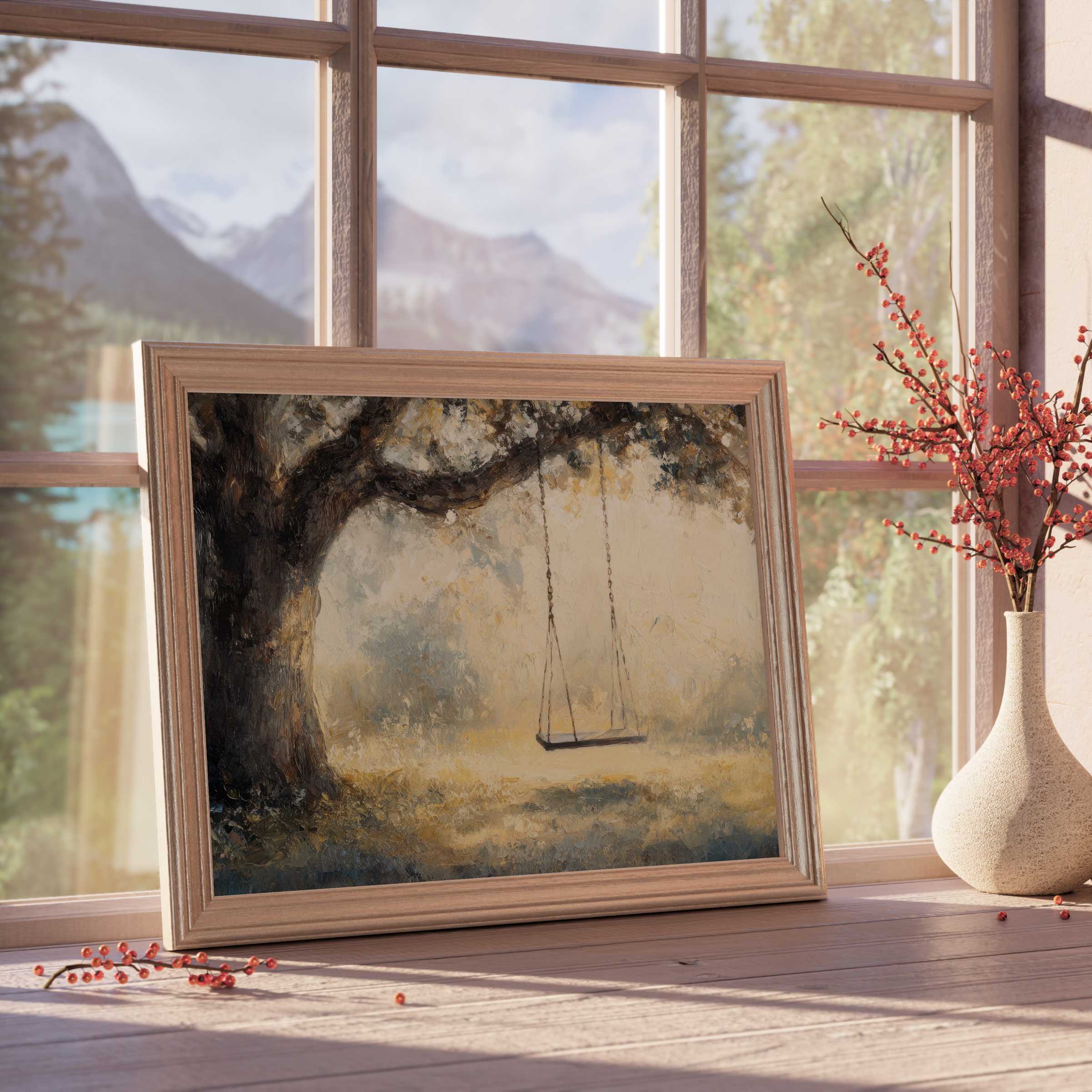 Serene tree downloadable art featuring a timeless swing beneath a grand oak, evoking warm nostalgia in curated, tranquil living spaces