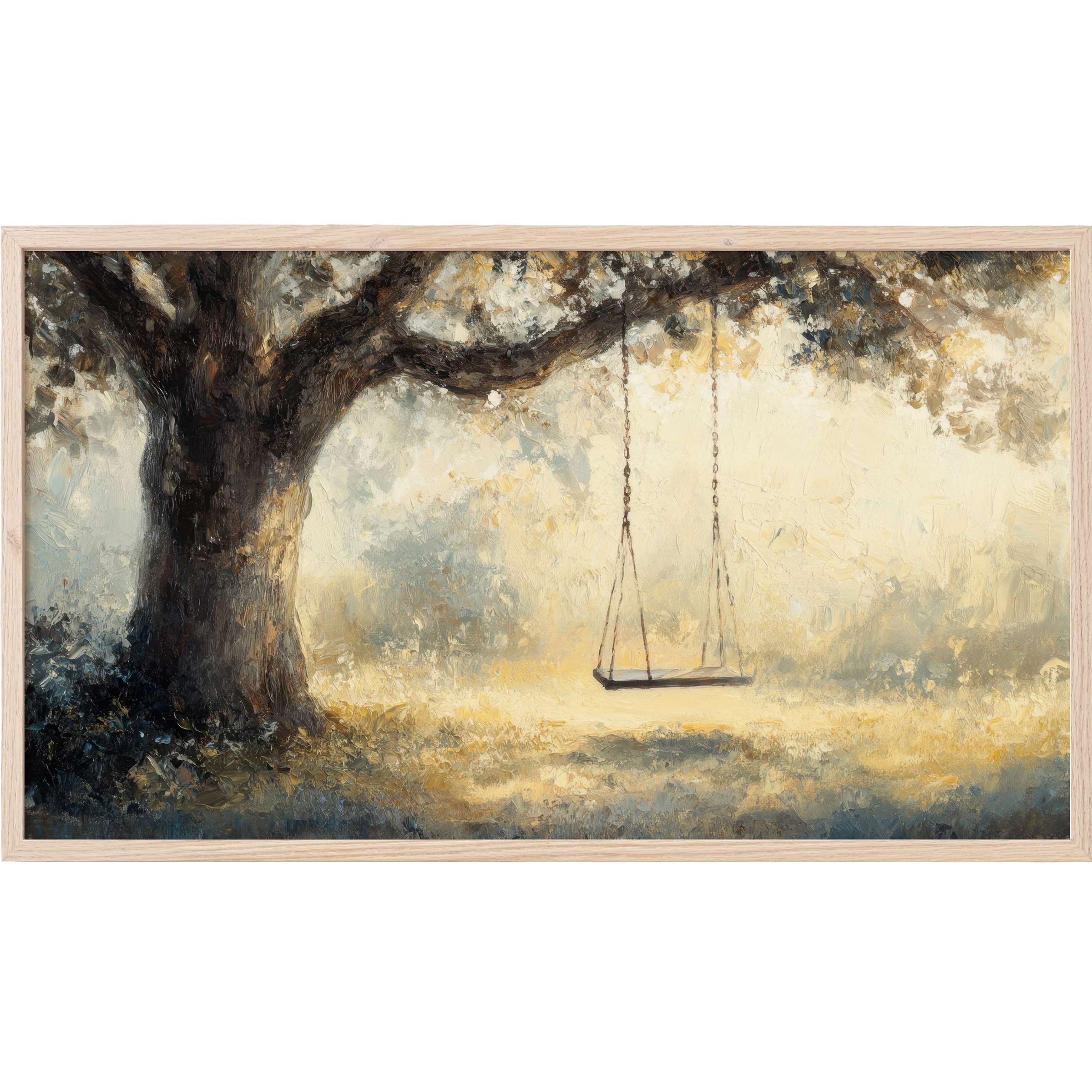 Elegant oil painting of a large tree with a swing, muted warm tones, soft light, tree Frame TV Art
