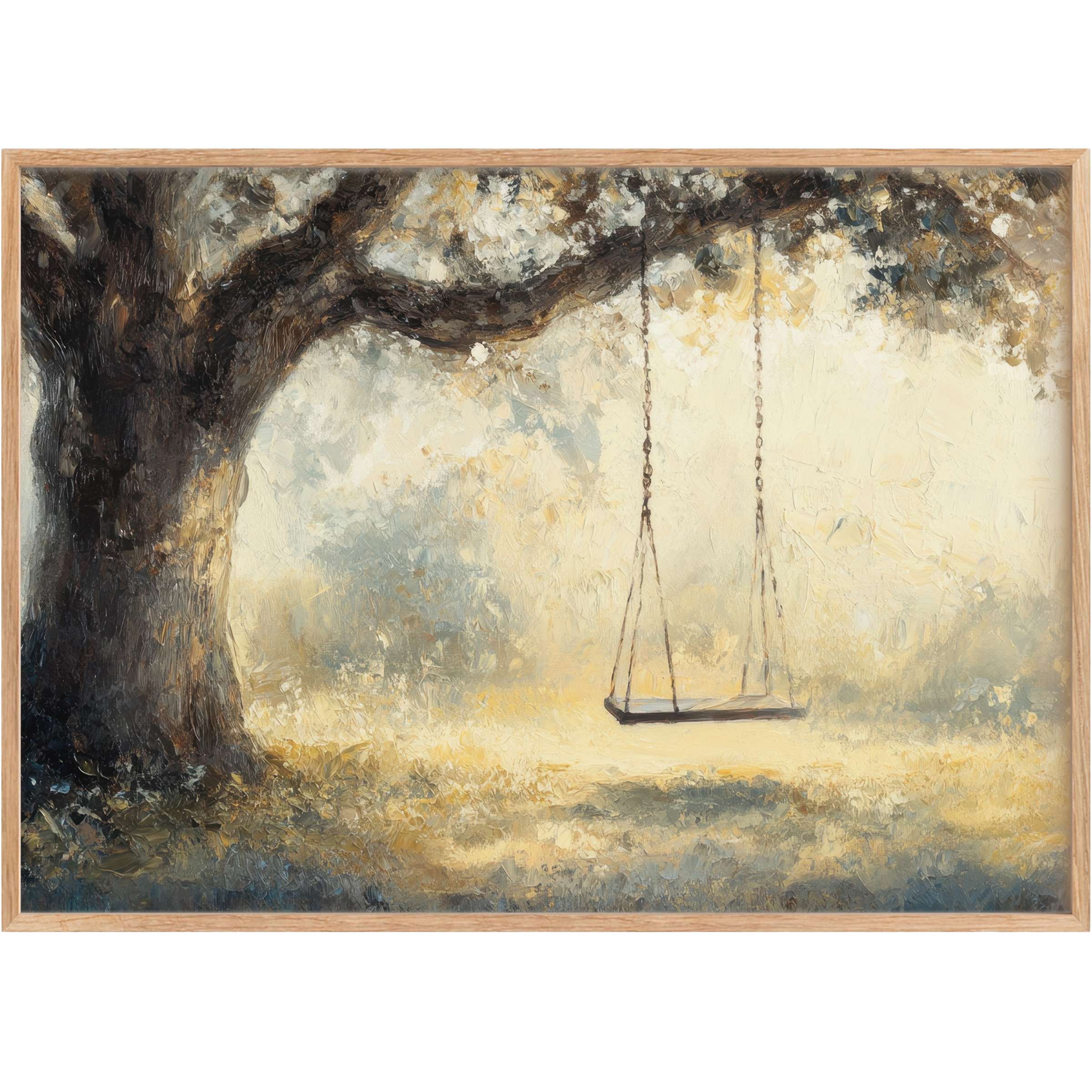 Serene tree printable wall art in soft golds and muted blues, evoking nostalgic tranquility and timeless elegance