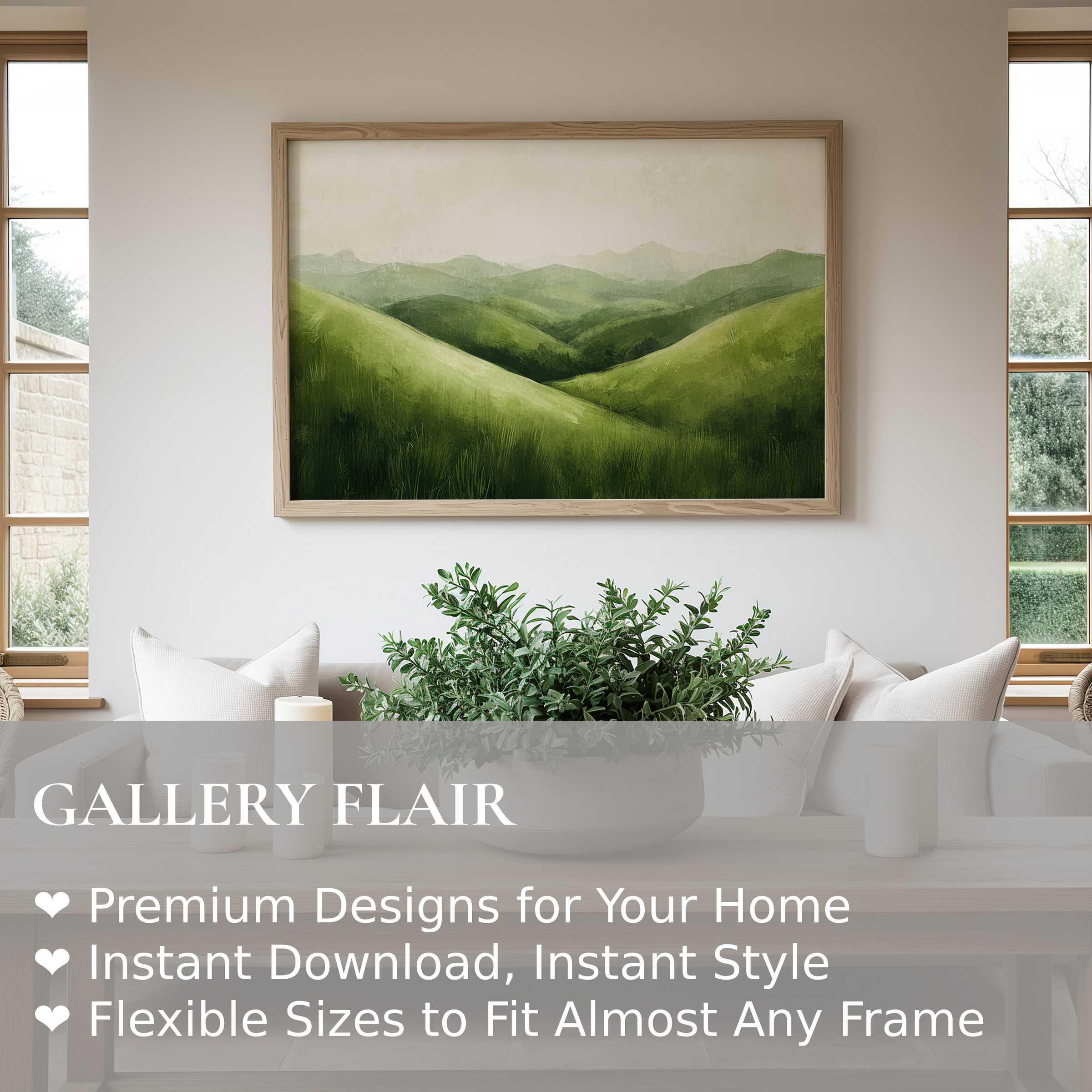 Summer wall art print featuring serene green hills in soft gradient layers, enhancing modern minimalist interiors with calming, natural elegance
