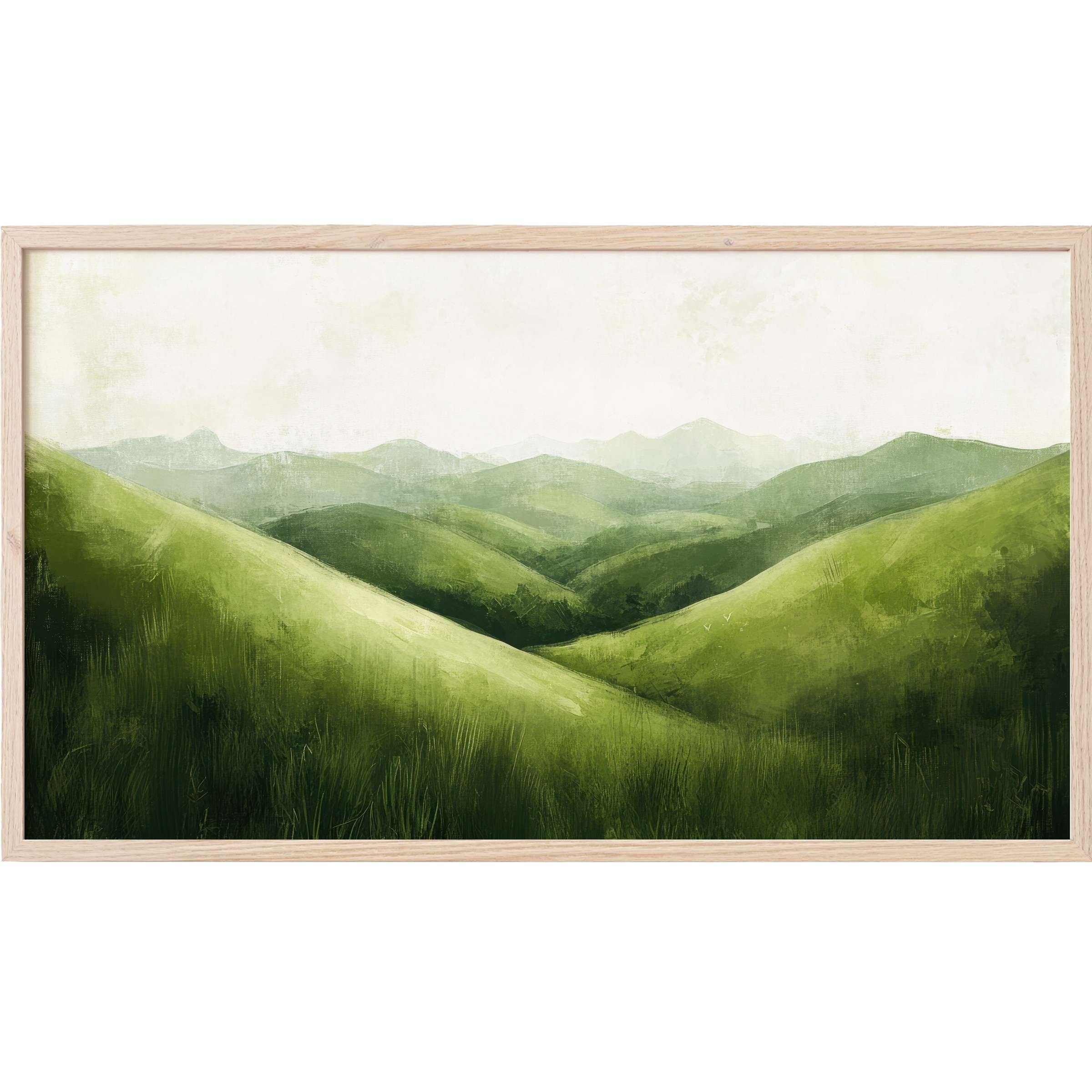 Serene green hills in soft gradients blend seamlessly in this modern, elegant summer Frame TV Art landscape