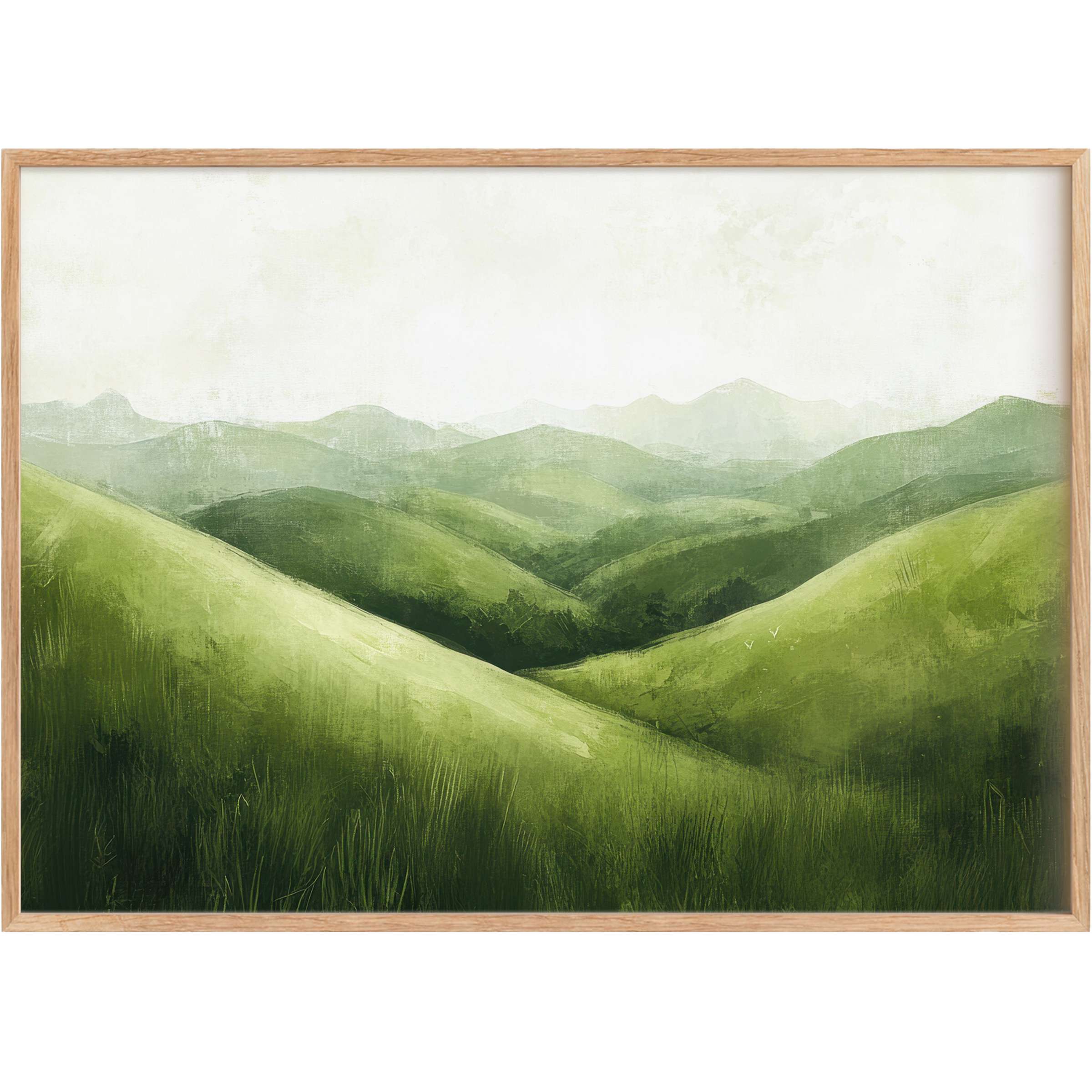 Serene summer printable wall art capturing rolling green hills bathed in soft light, evoking calm and refreshed elegance
