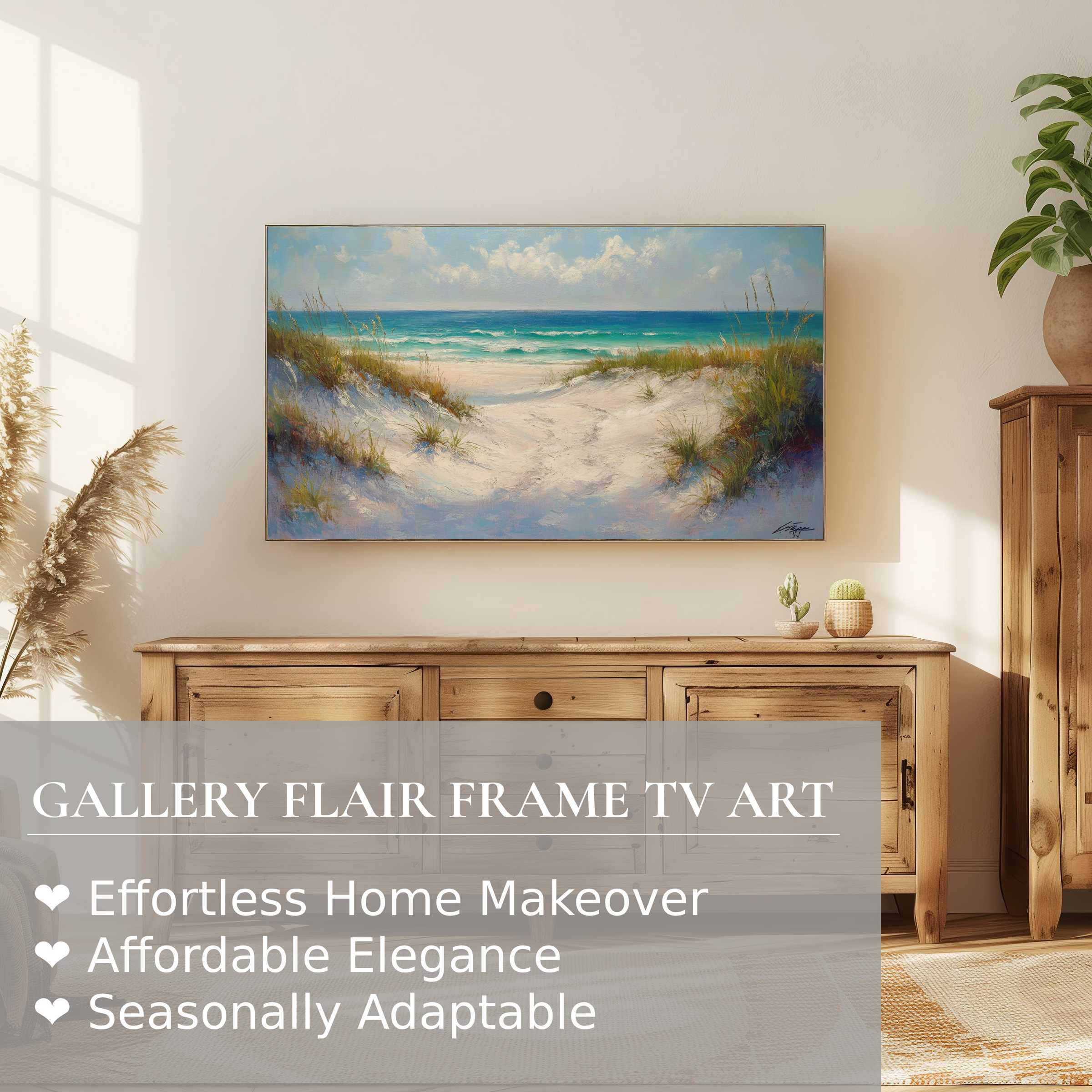 Samsung Frame TV displays serene coastal digital artwork in a sunlit, elegant, modern living room setting