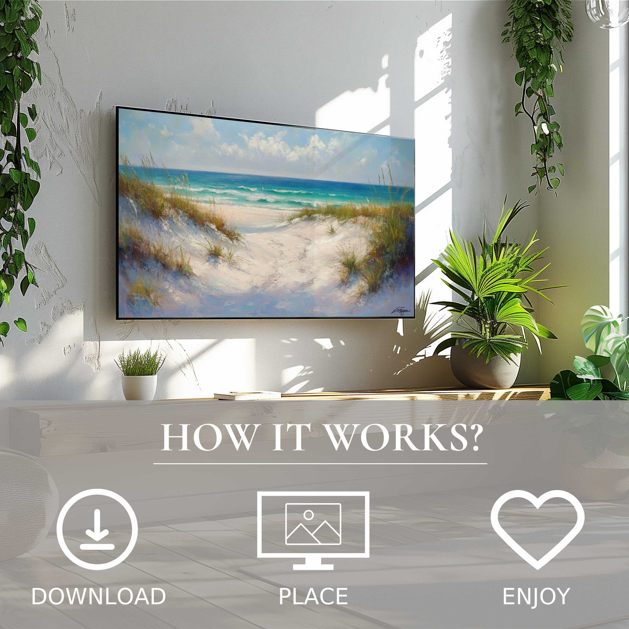 Coastal art for Samsung TV shows soft beach tones enhancing your living space with easy digital download and display