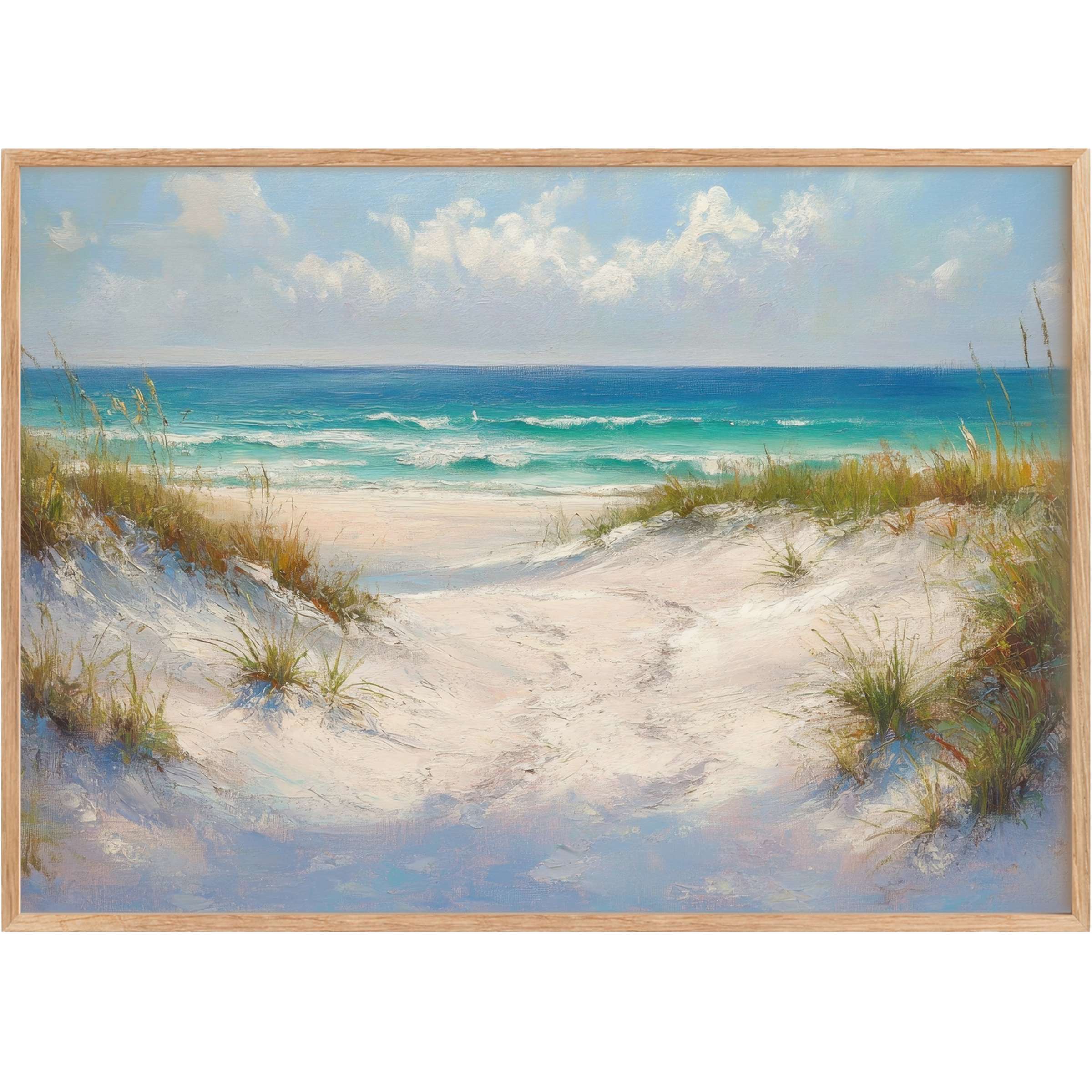 Coastal printable wall art capturing serene white sand dunes and gentle turquoise waves, infusing spaces with tranquil, sunlit elegance