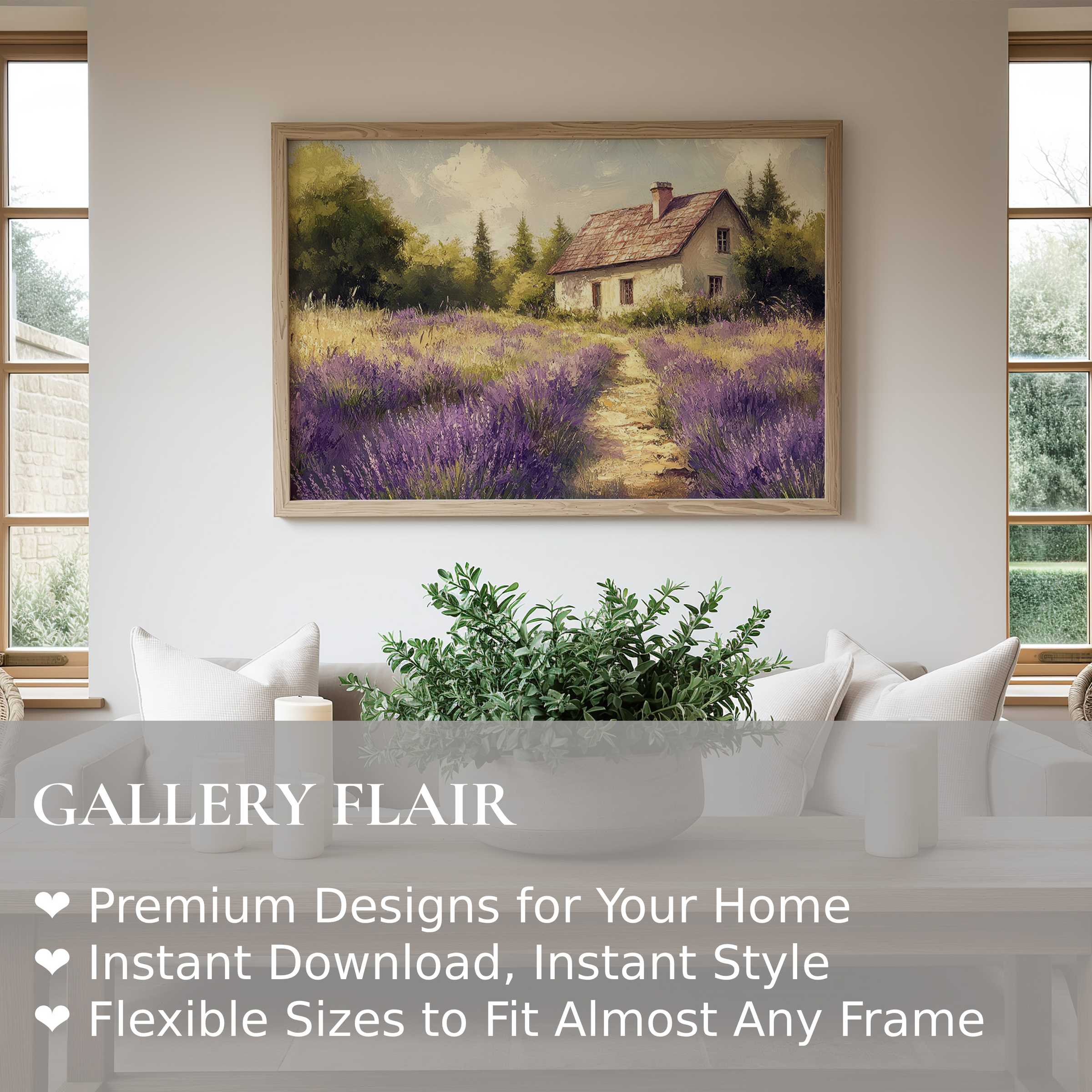 Farmhouse wall art print featuring a radiant lavender field and rustic cottage, enriching modern farmhouse interiors with serene charm