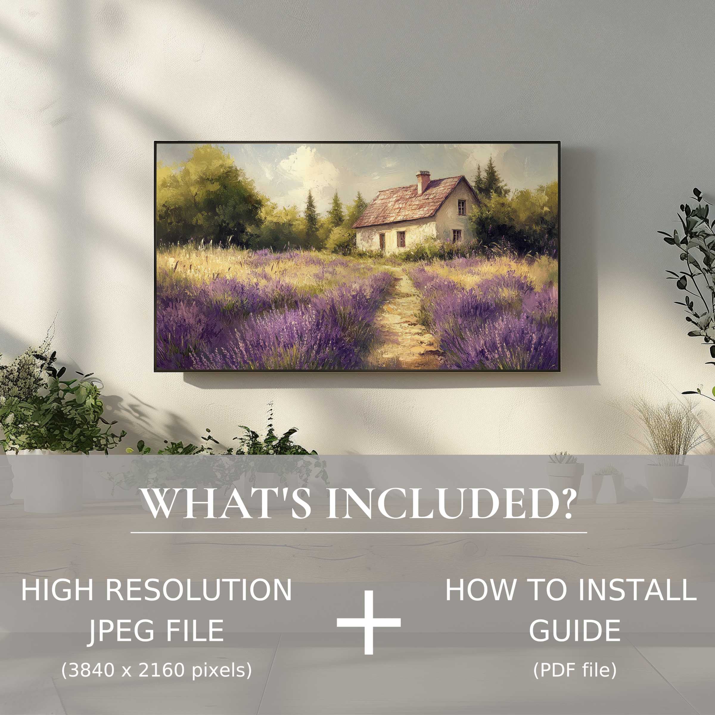 Elegant farmhouse digital TV art download showcasing a serene cottage, enhancing spaces with easy digital use