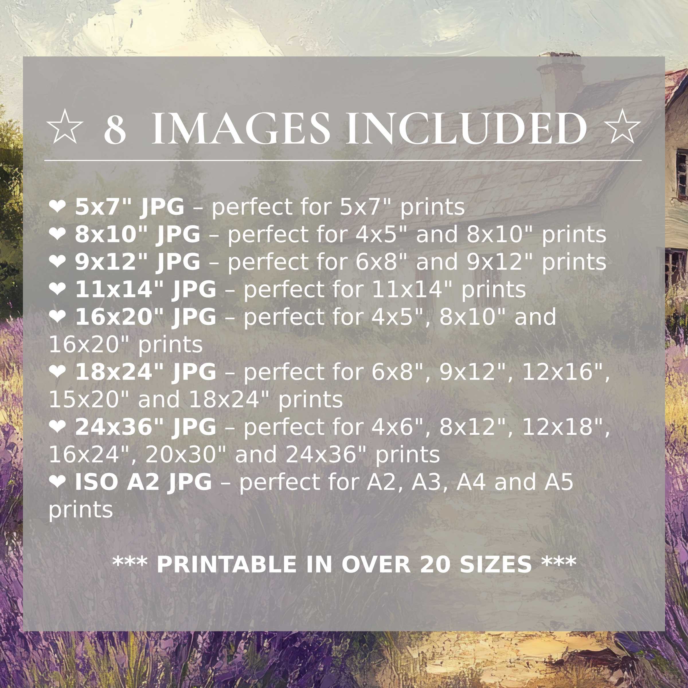 Farmhouse digital print radiates warm earth tones and soft lavender hues, elevating modern interiors with 8 high-quality sizes included