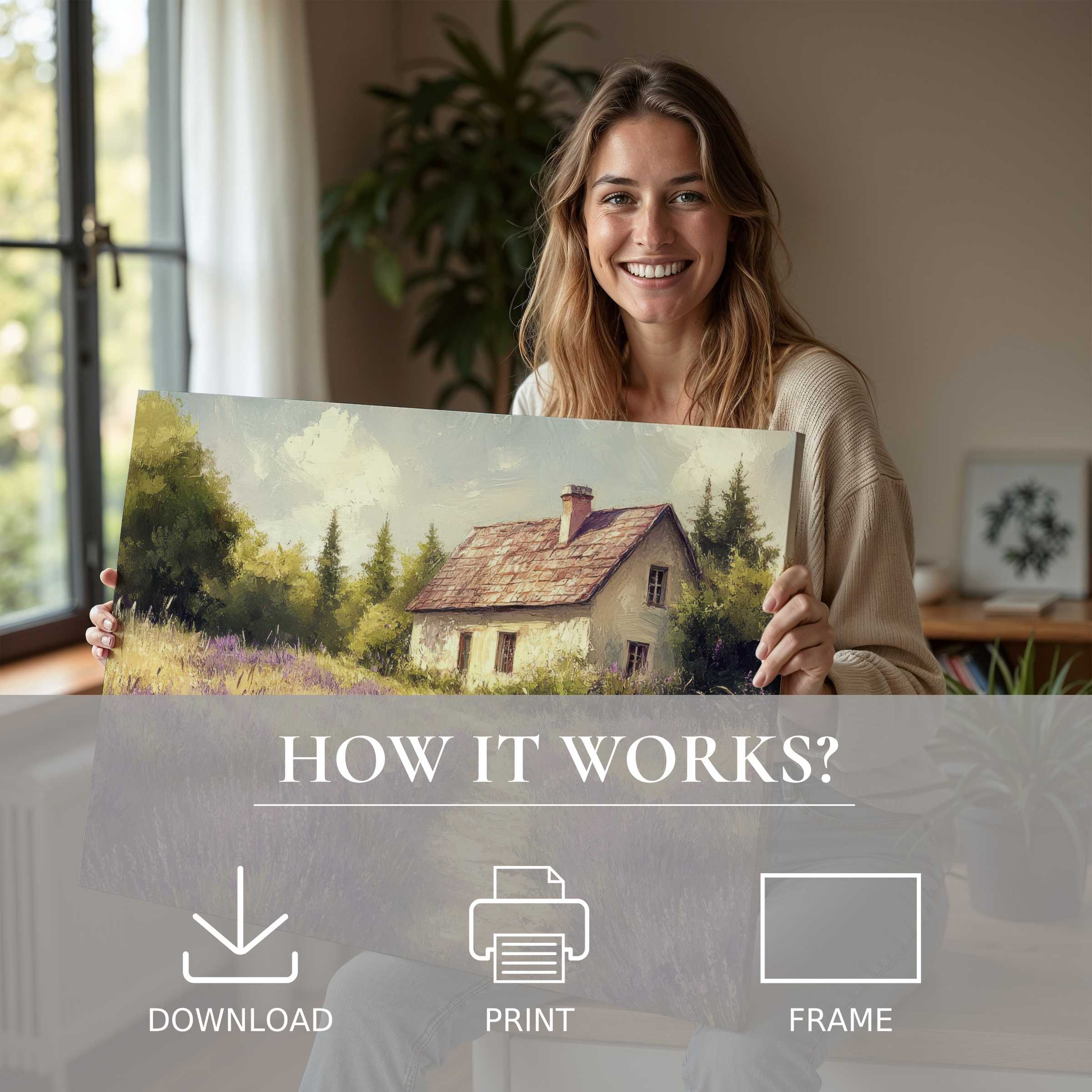 Joyful woman in a modern home embraces serene farmhouse digital art print, celebrating effortless elegance and warmth