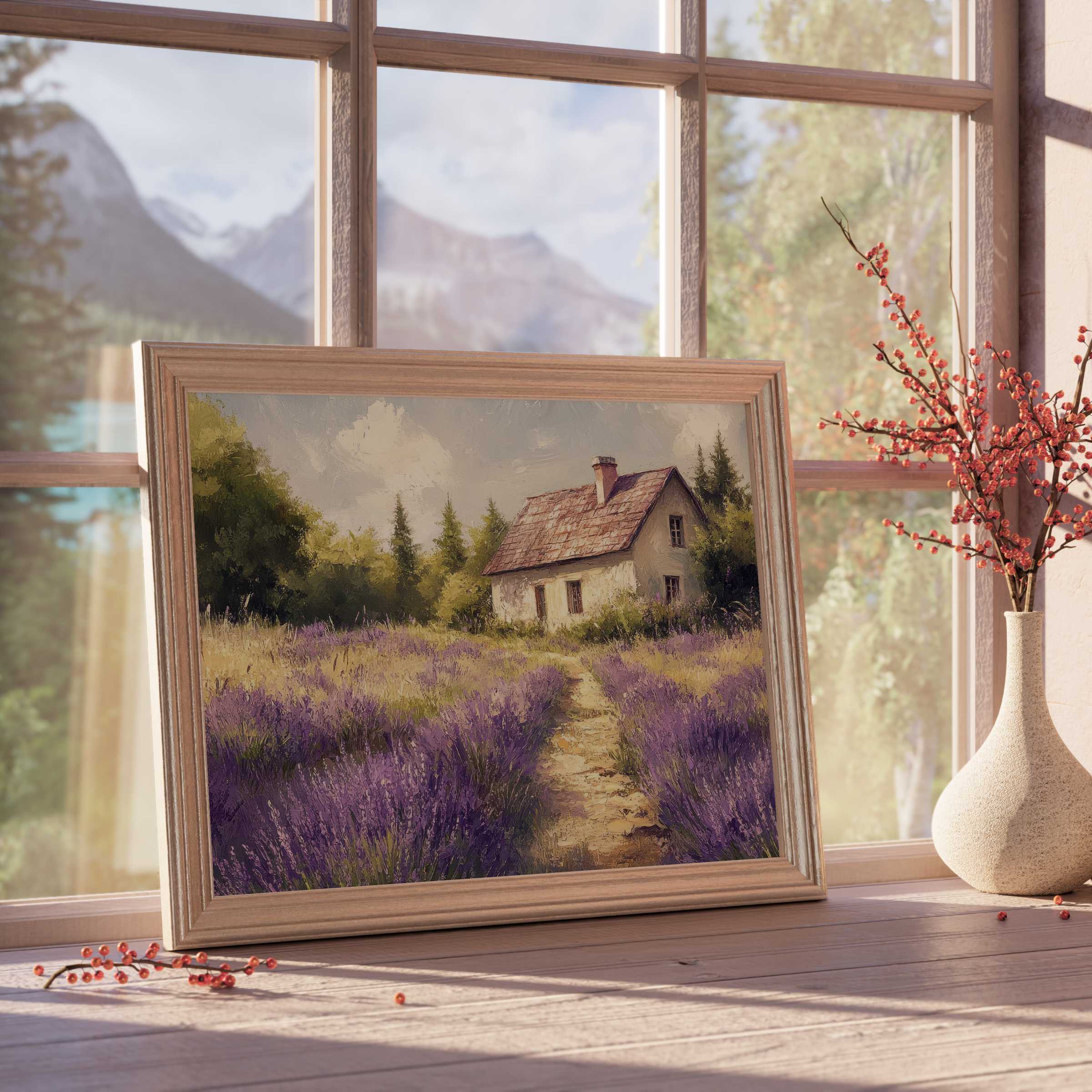 Farmhouse downloadable art featuring a tranquil lavender field and rustic cottage, perfect for elegant, serene interiors