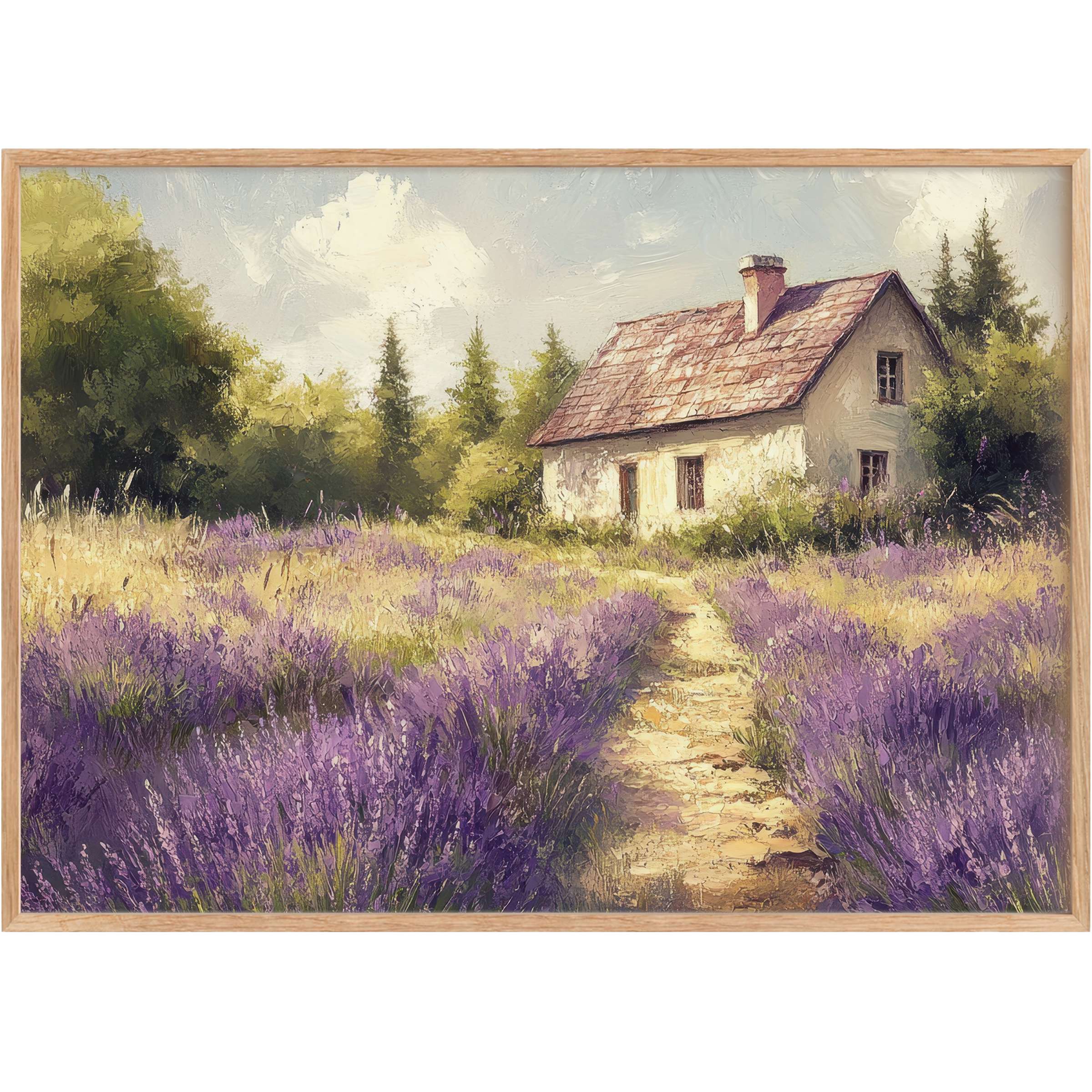 Charming farmhouse printable wall art with soft lavender blooms and golden light, evoking serene countryside elegance