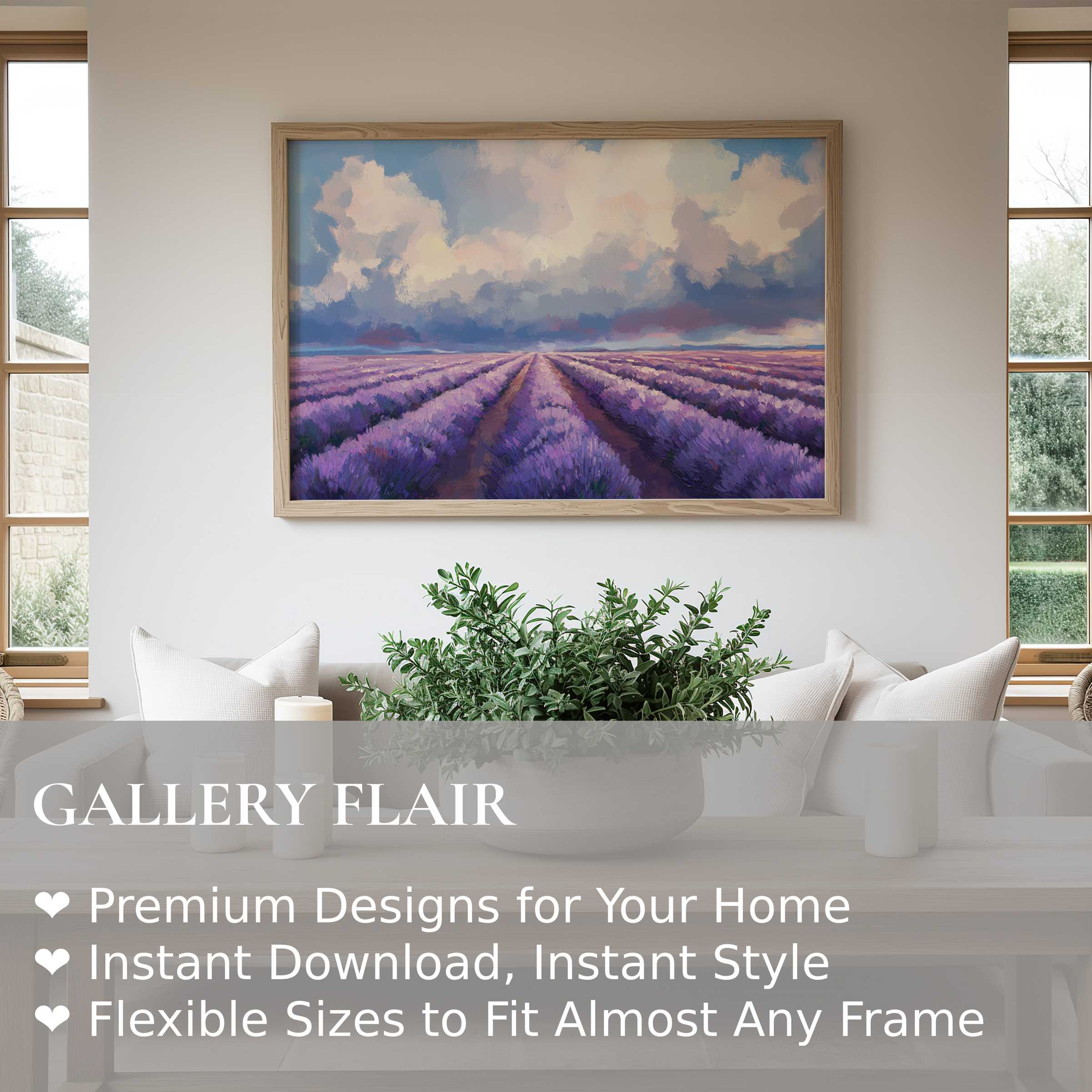 Lavender field floral wall art print radiates calming hues and serene ambiance in a modern, minimalist living room with natural wood accents