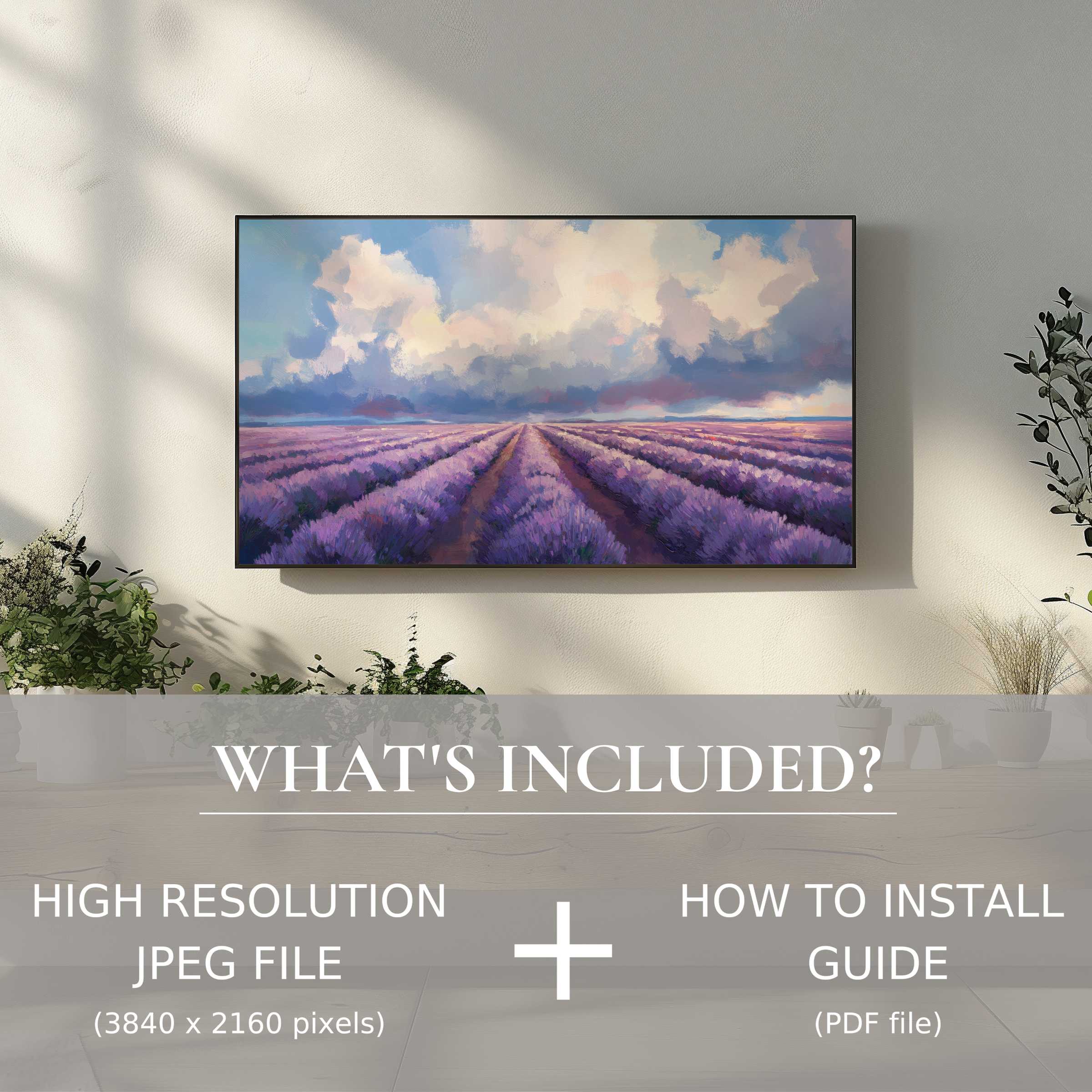Elegant floral digital TV art download enhances your living space with easy, high-res digital use and serene lavender fields