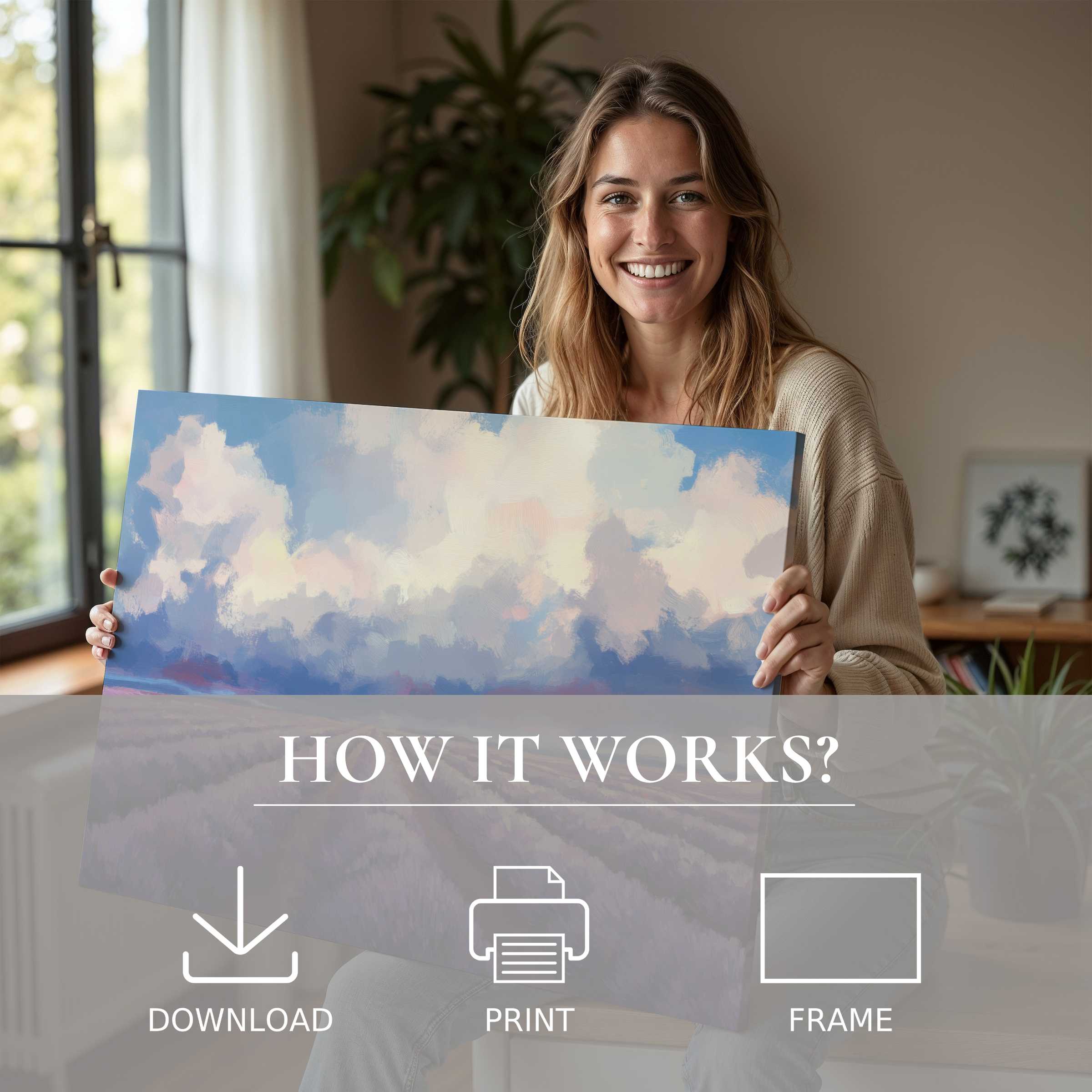 Radiant floral digital art print brings a serene, joyful moment into a sunlit, modern home, inspiring effortless elegance