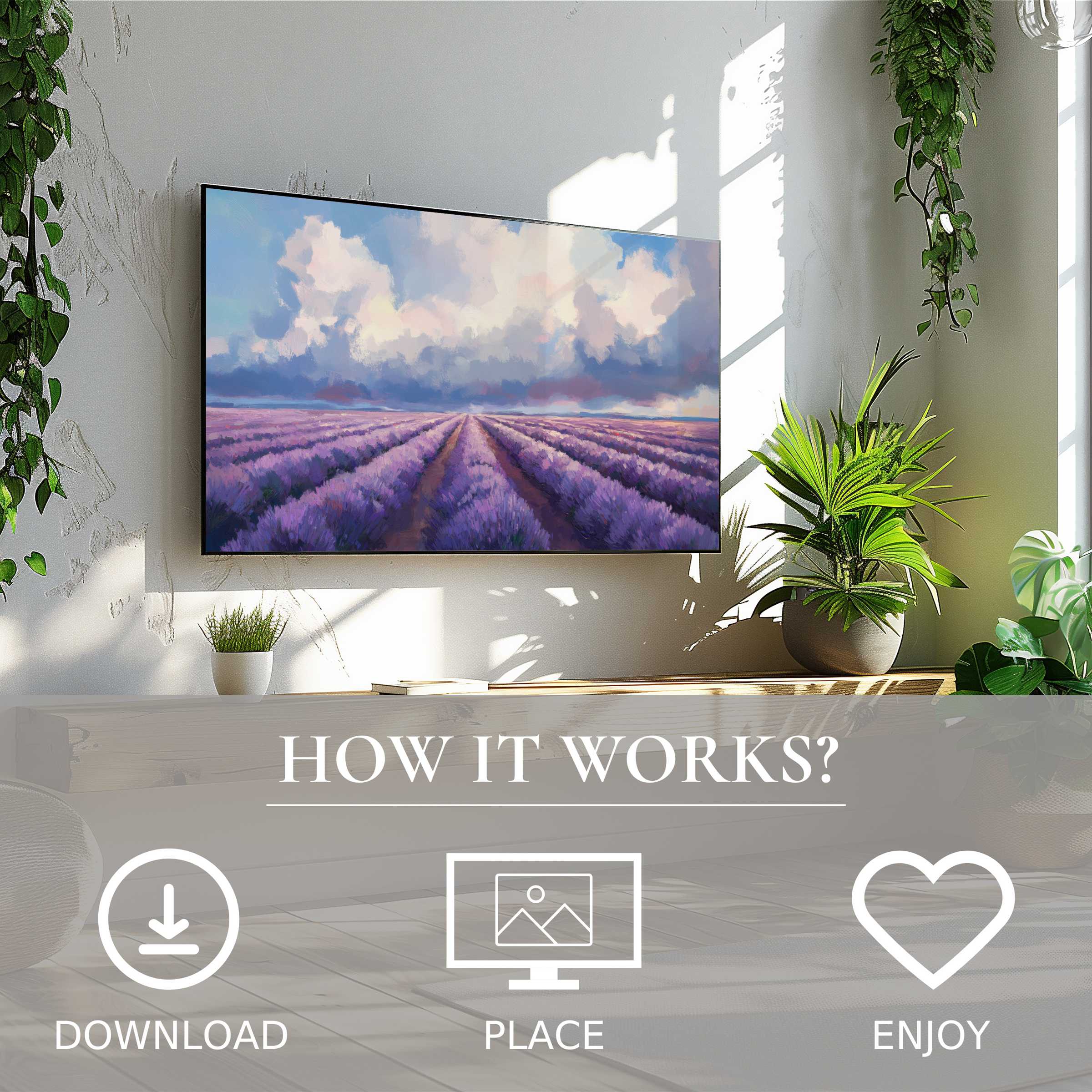 Modern living room with floral art for Samsung TV showcasing soft sunset tones in a lavender field; easy digital download