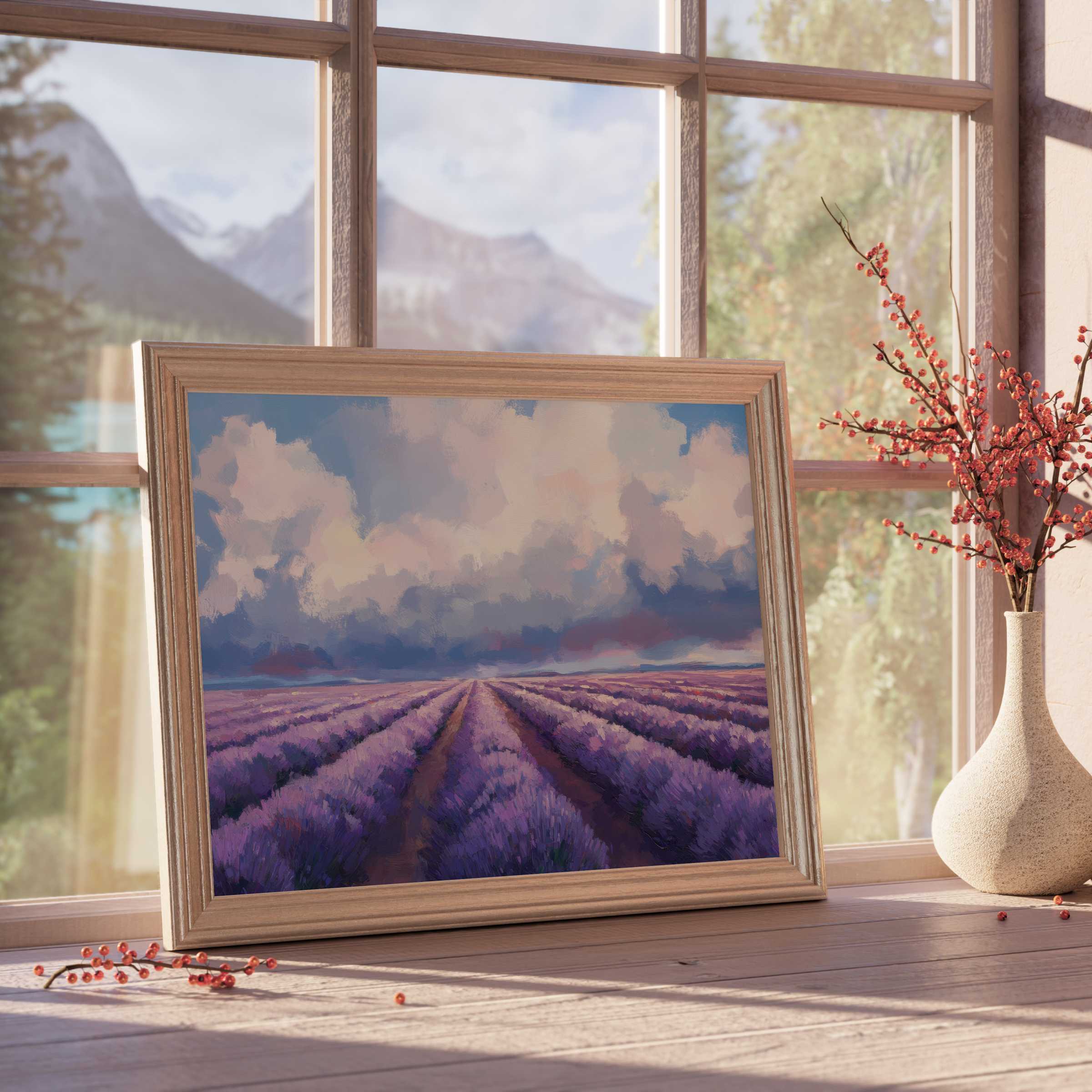Lavender fields stretch under a serene sky, a floral downloadable art piece that elevates tranquil, curated interiors with timeless elegance