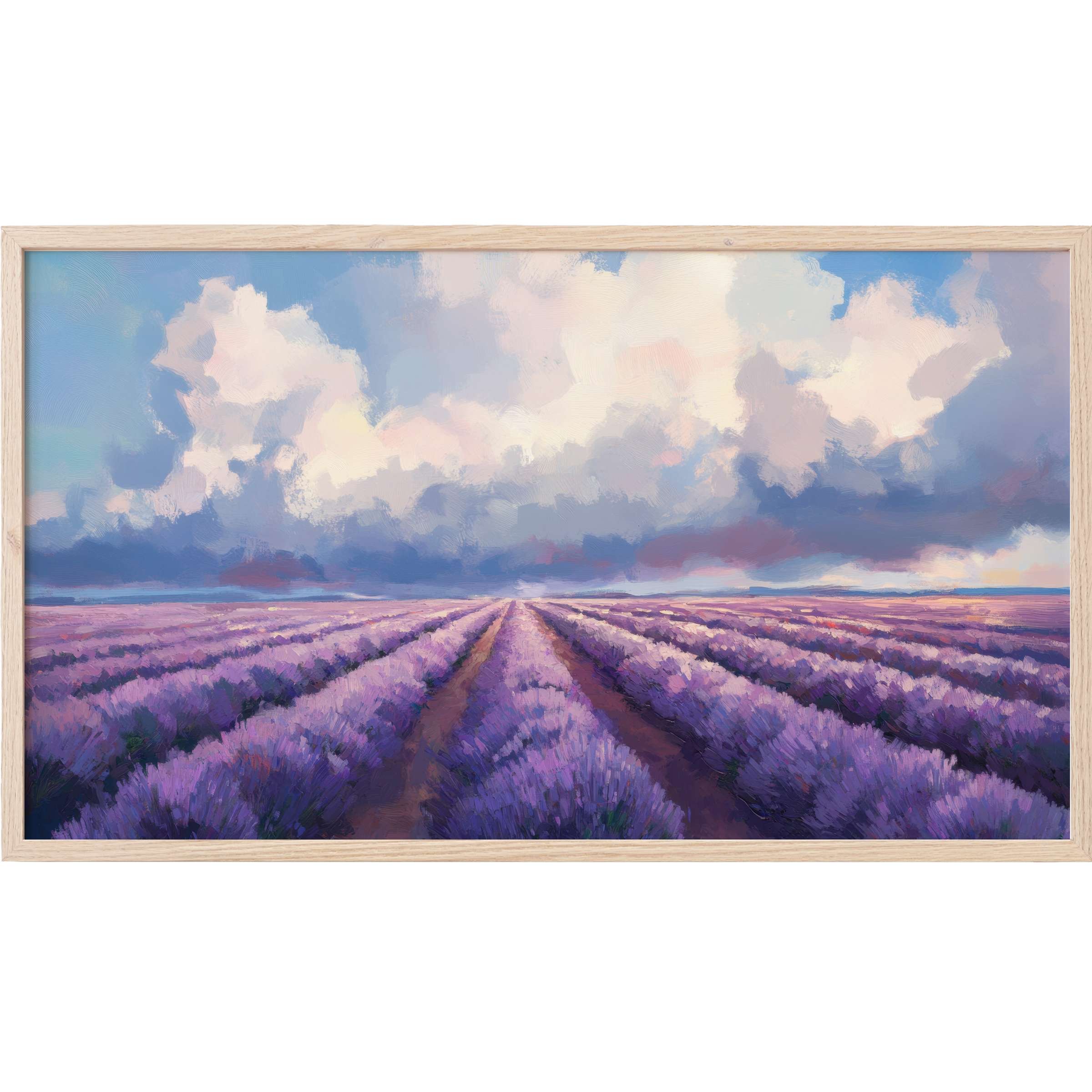 Floral Frame TV Art with vibrant lavender fields beneath soft, pastel sky in elegant, impressionistic style