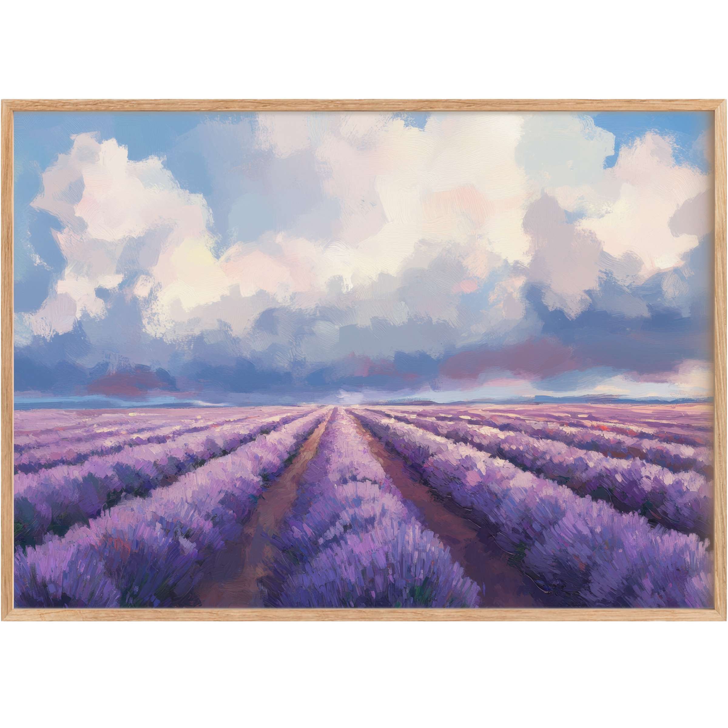 Lavender fields in soft purples under a serene blue sky create calming, floral printable wall art that elevates elegant interiors