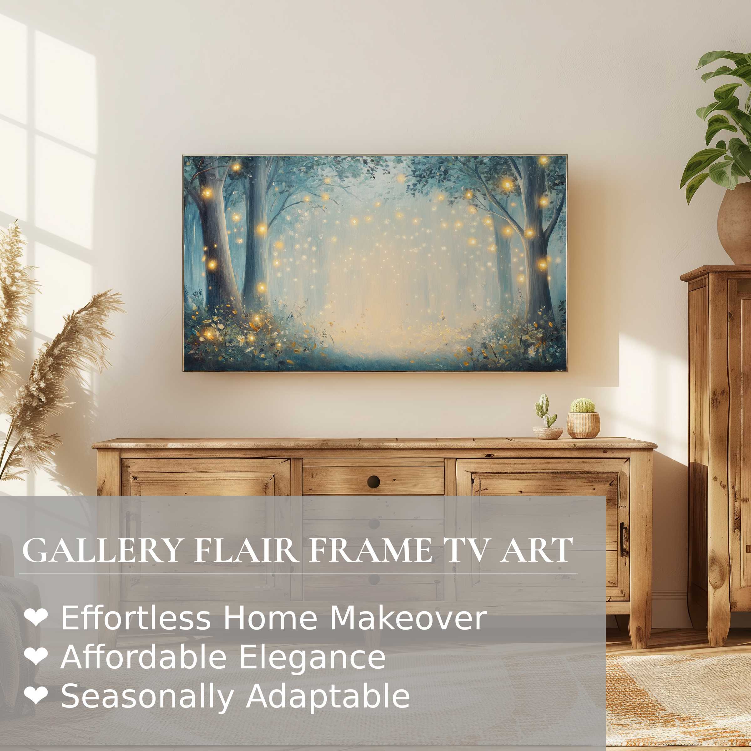Samsung Frame TV displays enchanting nursery digital artwork, blending serene forest hues with modern elegance