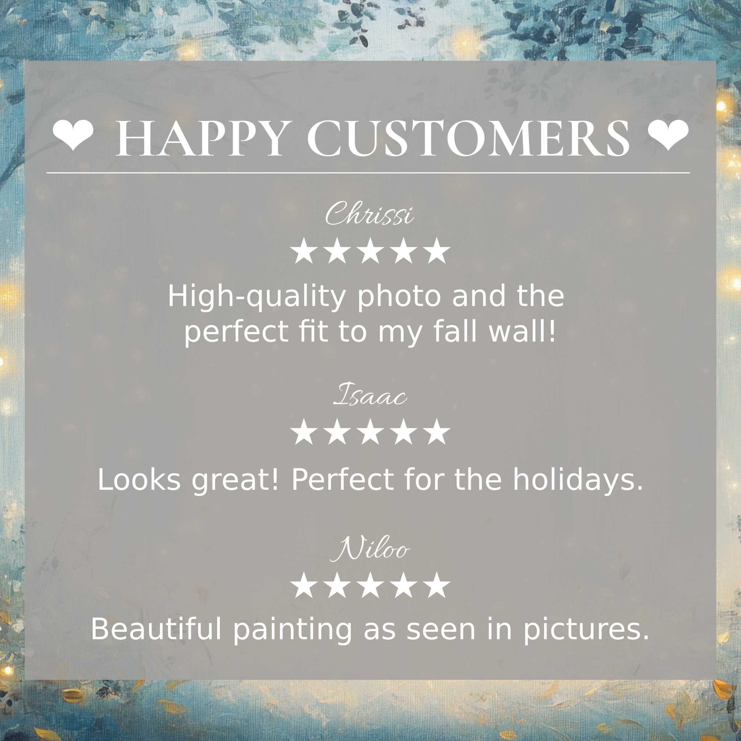 Nursery art for Frame TV with soft blue floral background, showcasing happy customer reviews for elegant trust