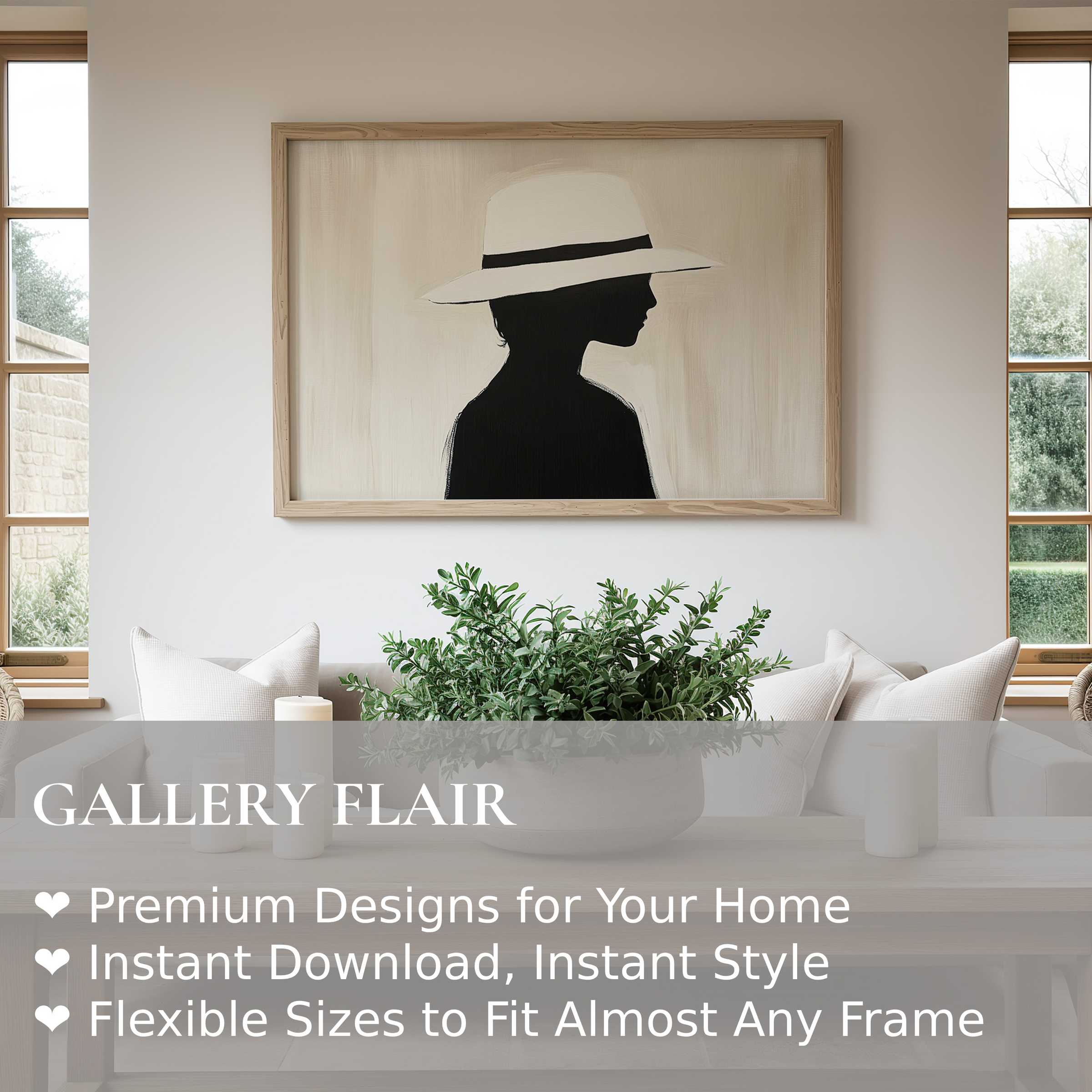 Minimalist wall art print featuring a serene silhouette with a wide-brimmed hat, enhancing modern neutral interiors with calm sophistication