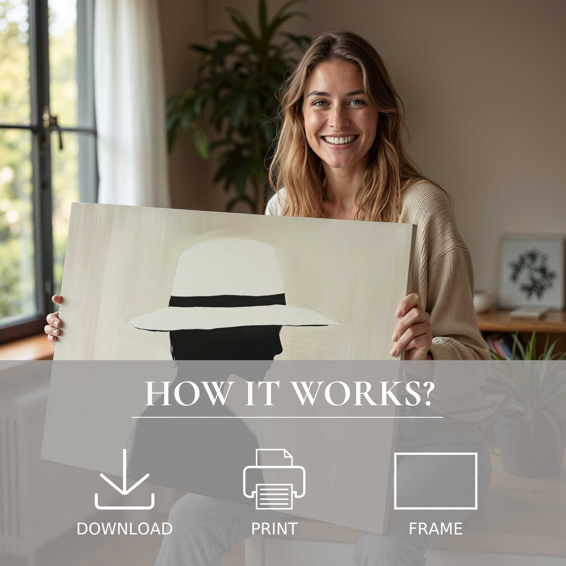 Contemporary minimalist digital art print radiates quiet elegance in a sunlit, stylish home, evoking warmth and joyful connection