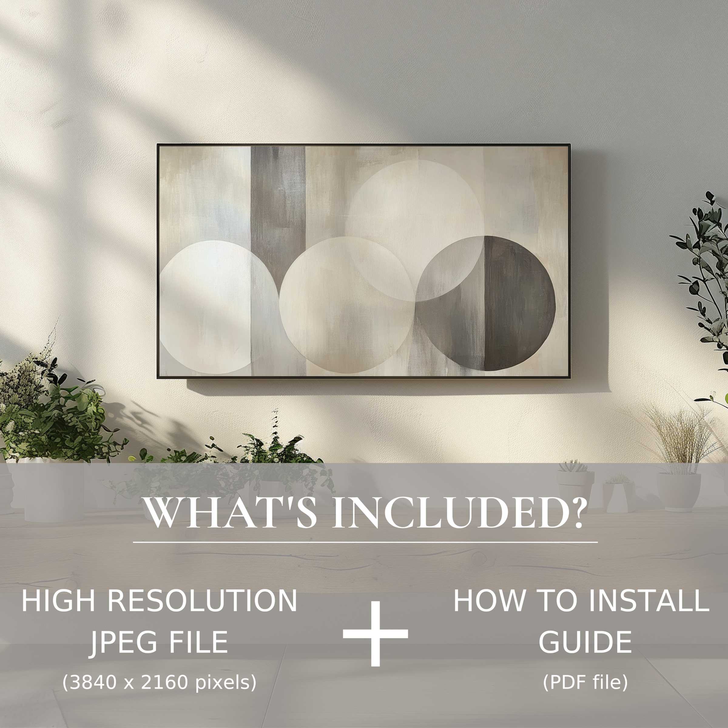 Modern living space enhanced by neutral digital TV art download; easy use with high res file and install guide