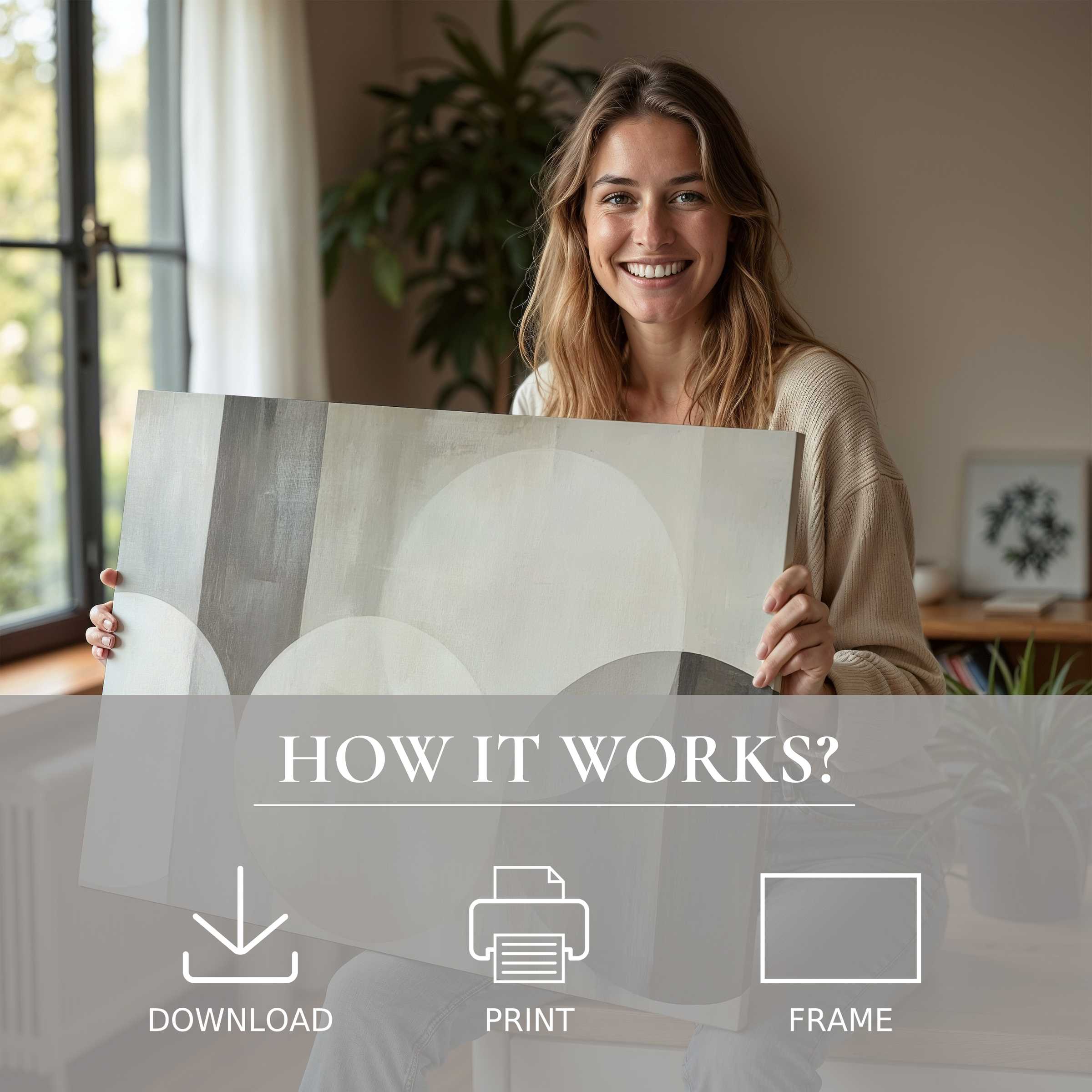 Refined woman embraces a serene moment with a neutral digital art print, embodying joyful connection in a stylish home