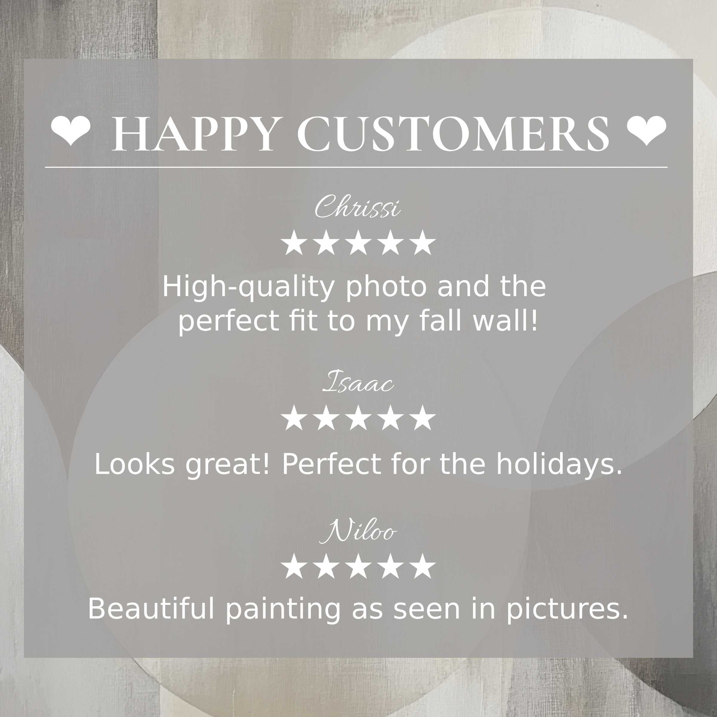 Neutral art for Frame TV with abstract sunset hues; layout highlights happy customer reviews and elegant style