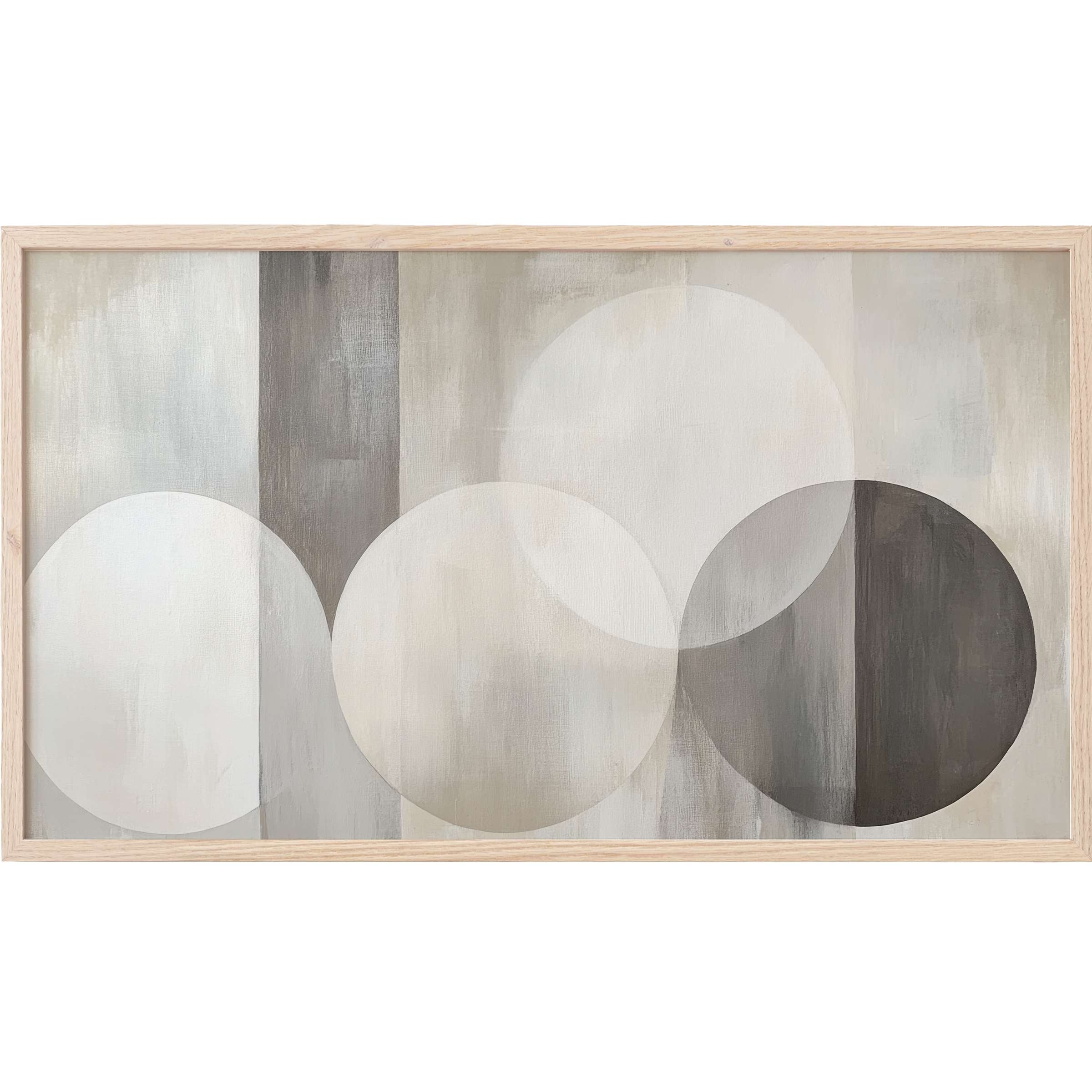 Neutral Frame TV Art featuring layered translucent circles in soft grays and beiges, embodying modern minimalism