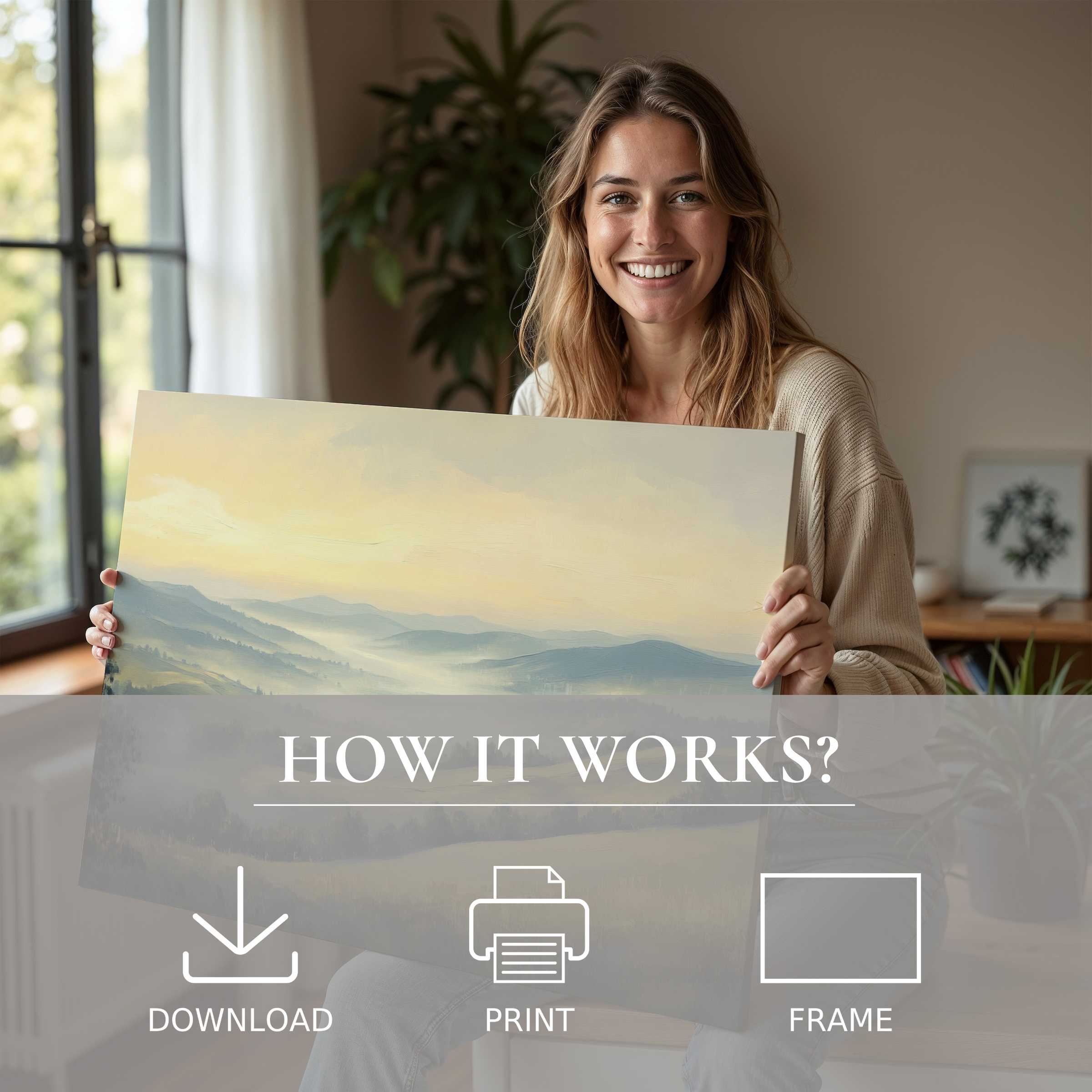 A joyful woman in a serene, stylish home embraces a vintage digital art print, capturing timeless tranquility and the effortless joy of living with art