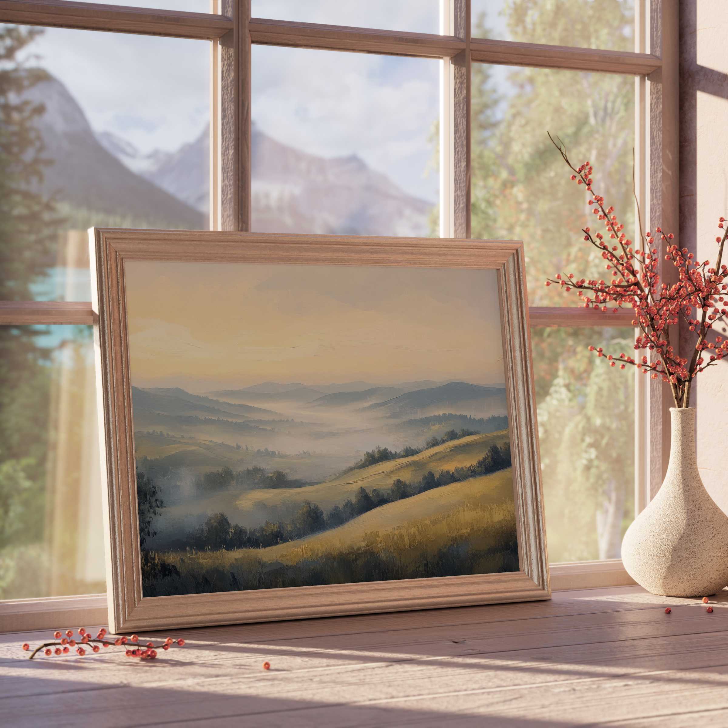 Vintage downloadable art of serene misty hills in soft golden hues, perfect for curated, tranquil, design-forward interiors