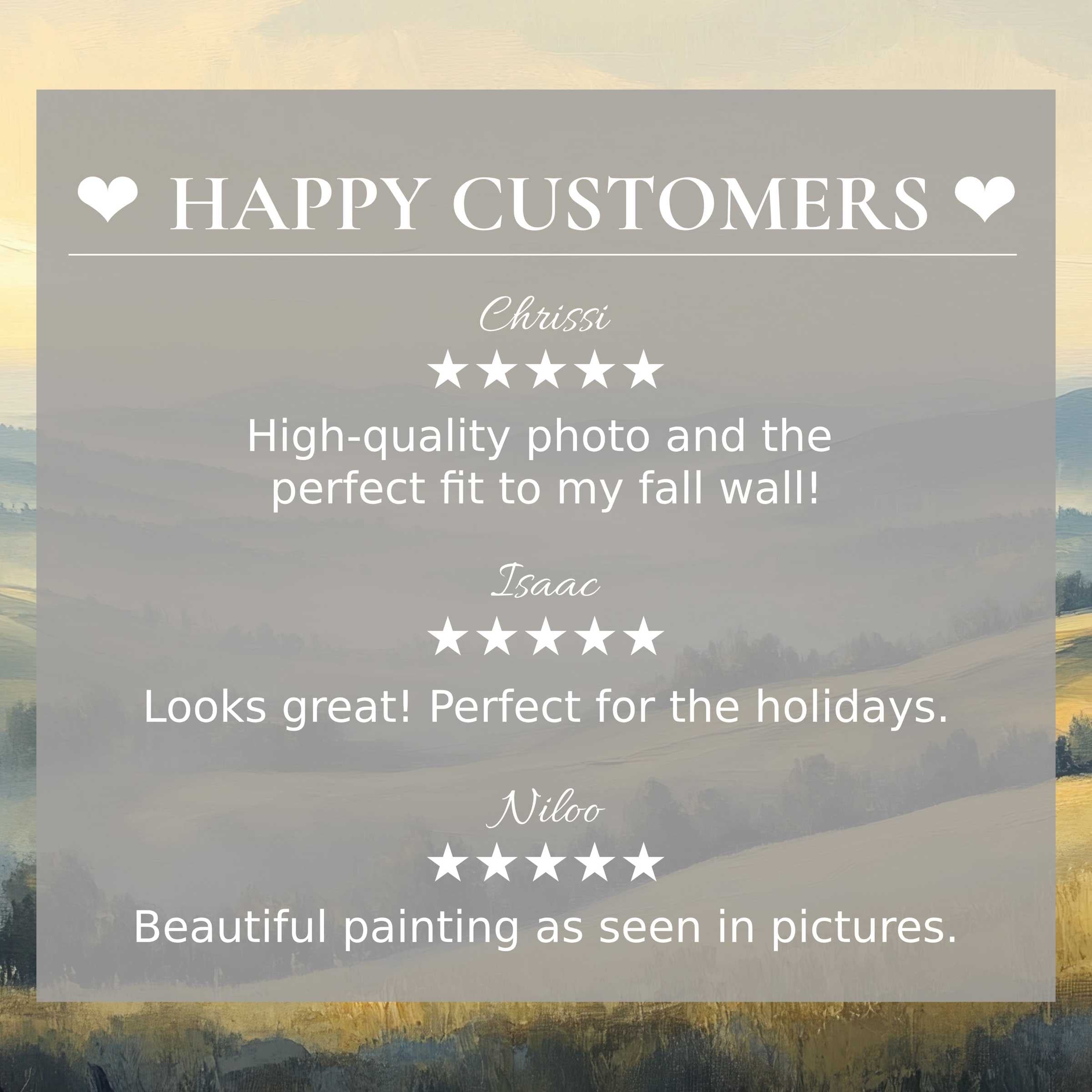 Vintage art for Frame TV with serene misty hills background; happy customer reviews build trust and highlight elegance