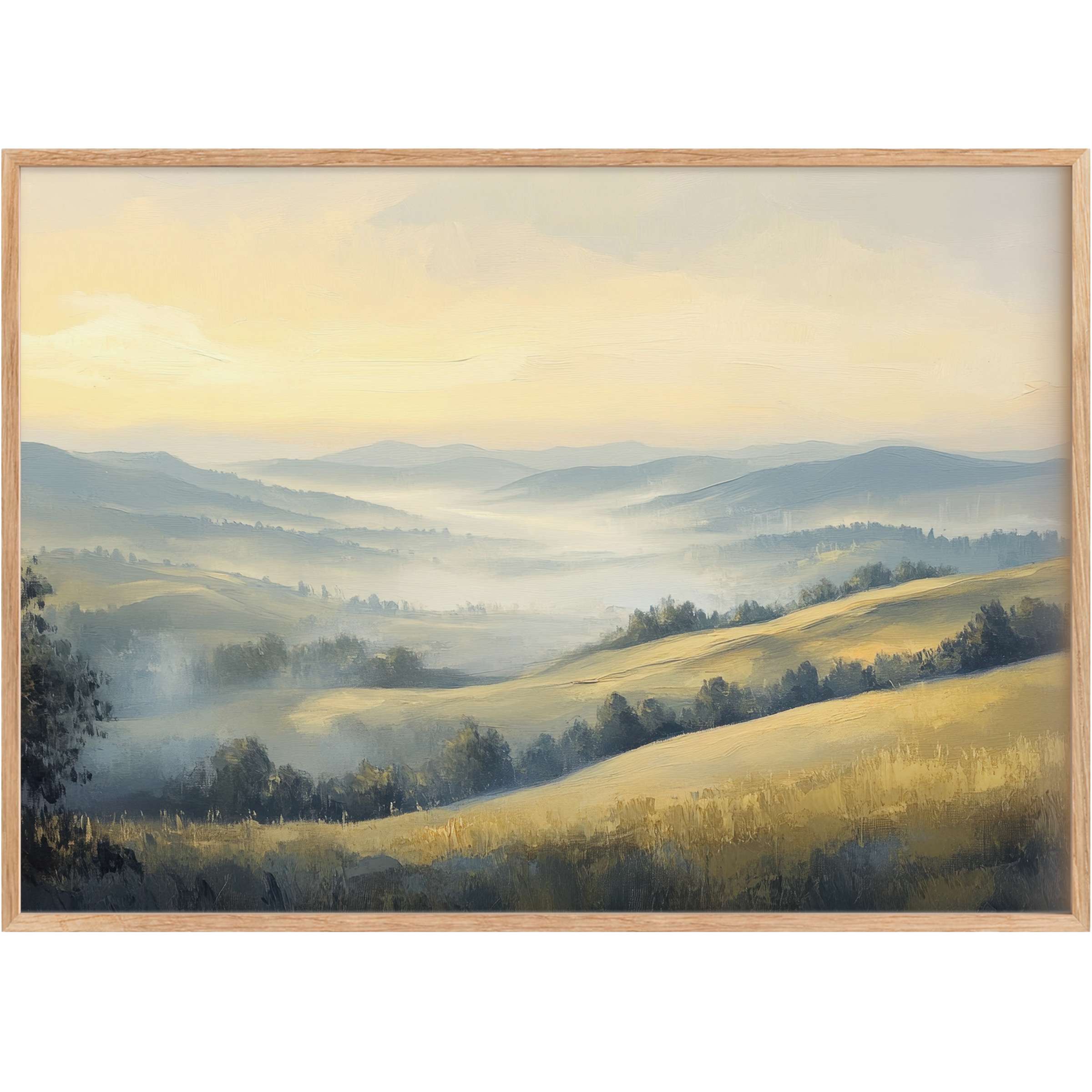 Vintage printable wall art capturing rolling hills in soft gold and misty blues, evoking serene, timeless elegance for refined interiors