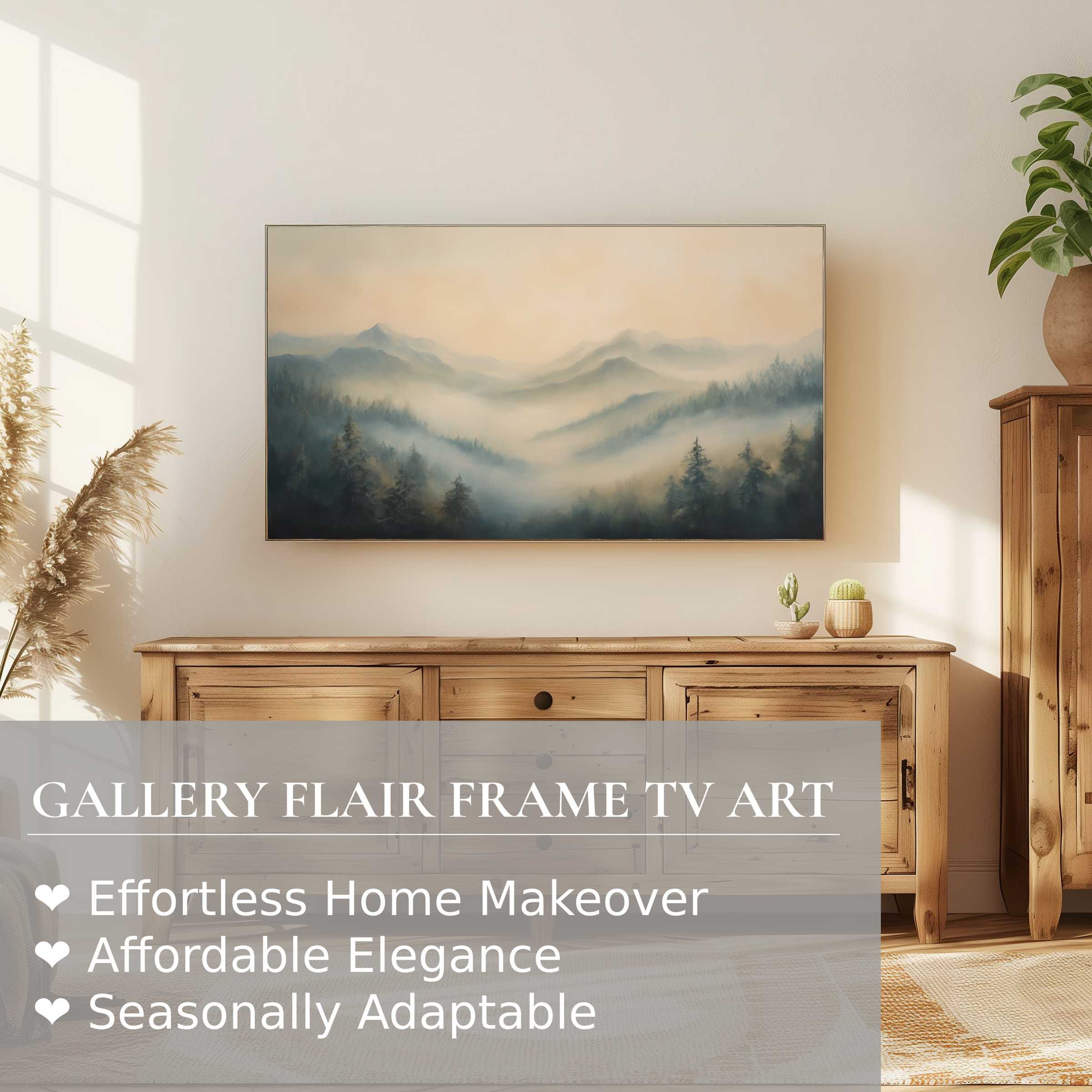 Samsung Frame TV displays serene landscape digital artwork with misty mountains, enhancing modern, elegant home decor
