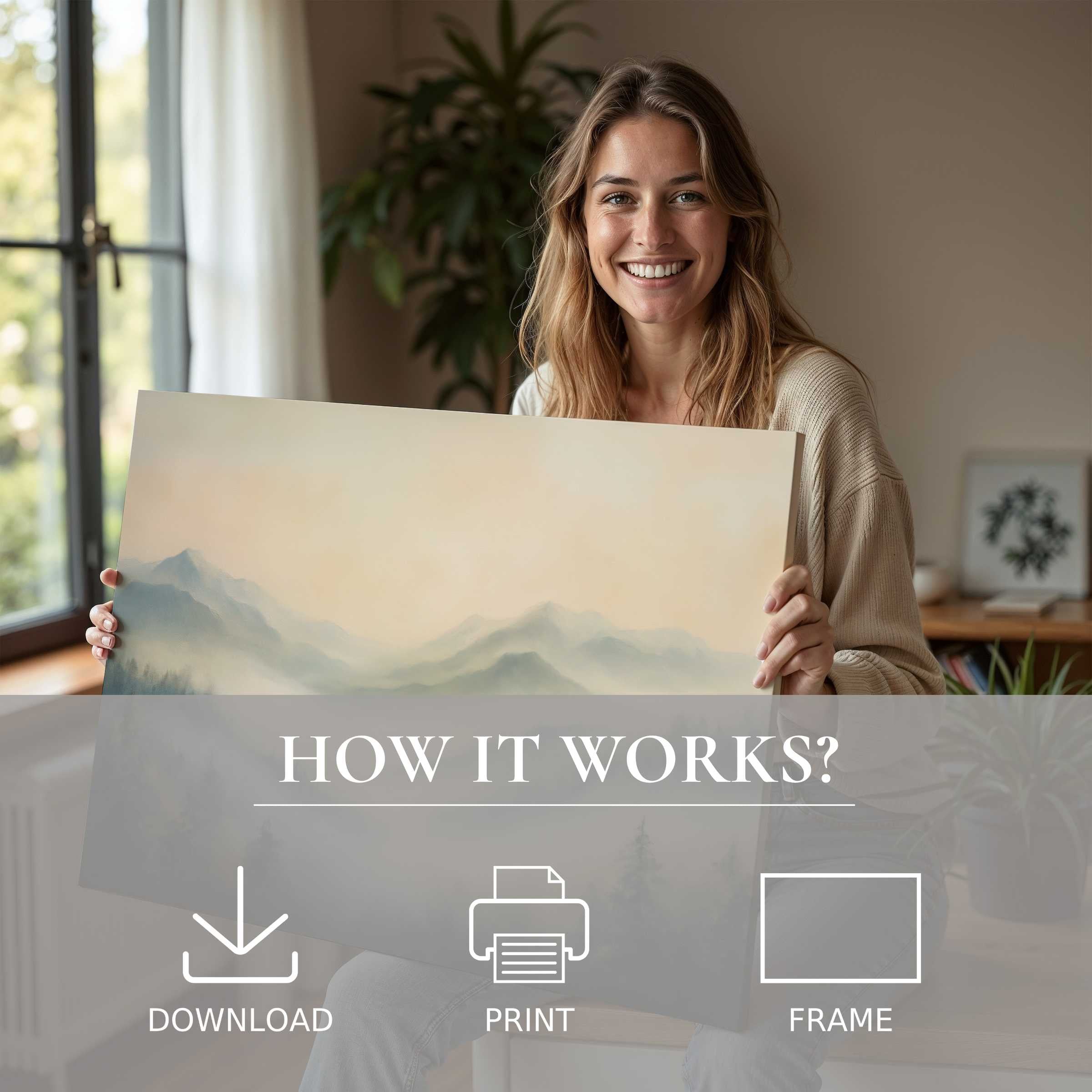 Serene landscape digital art print held by a joyful woman in a chic home, embodying art’s calming, uplifting presence