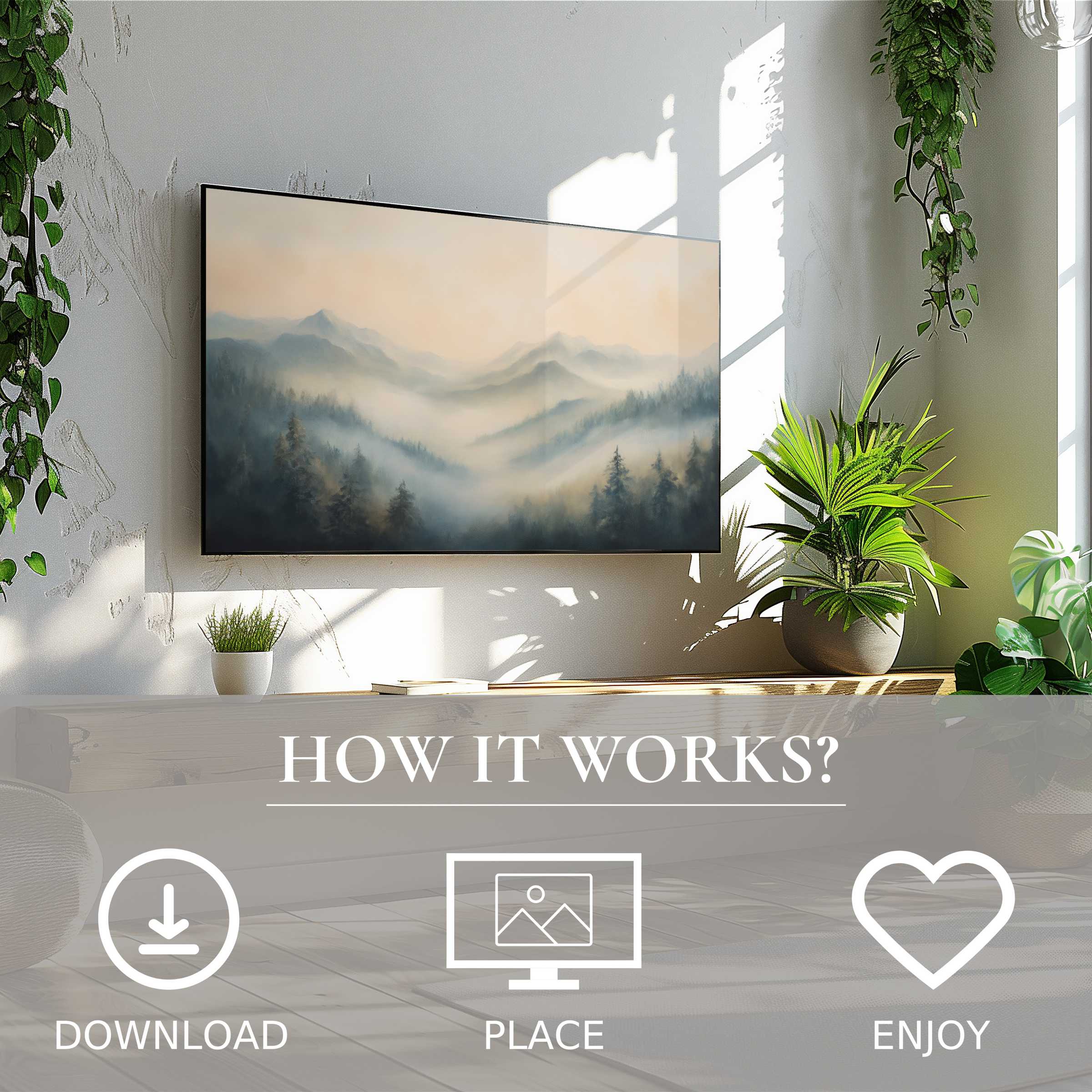 Modern living with landscape art for Samsung TV, soft misty mountain tones, easy digital download enriches space