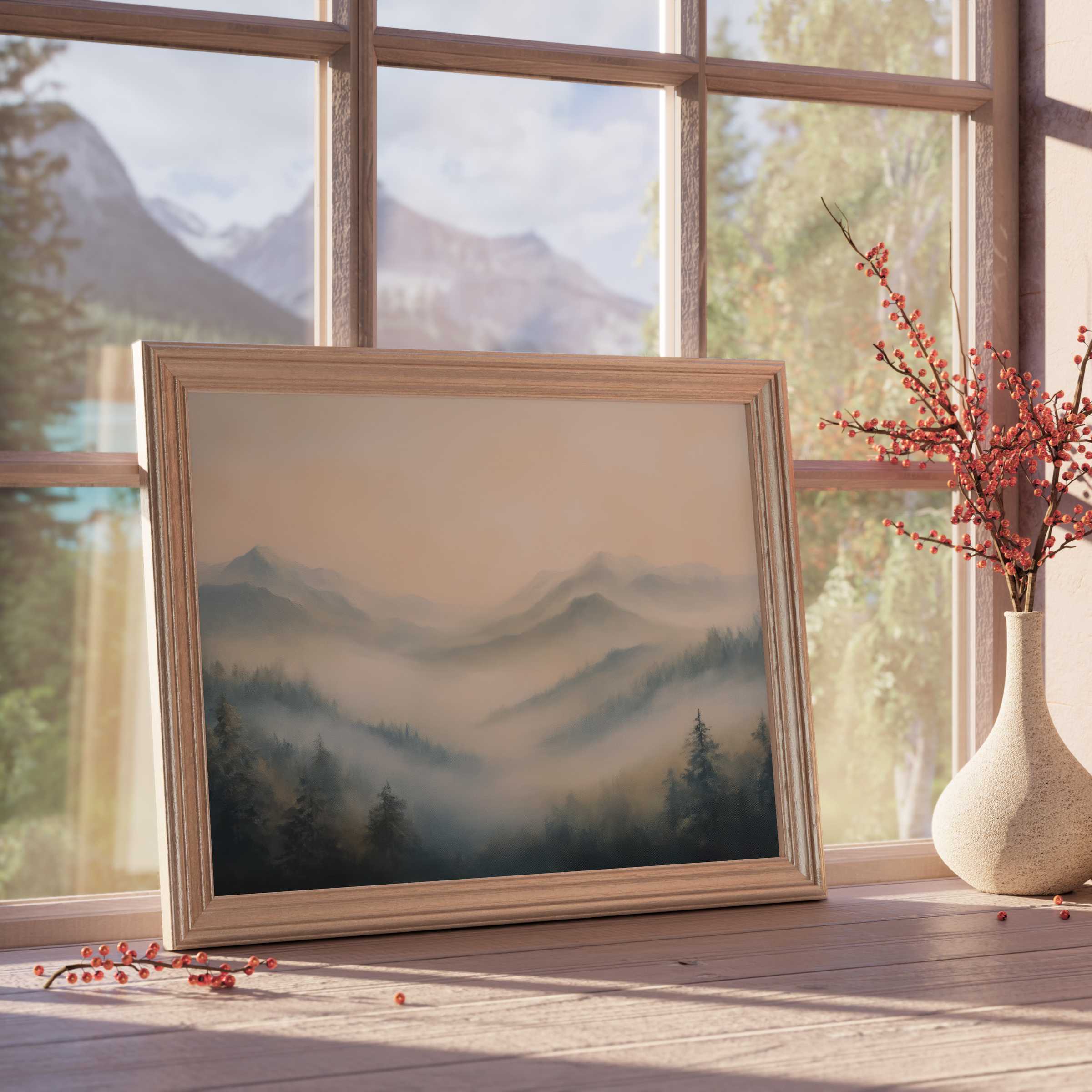 Serene landscape downloadable art capturing misty mountain valleys at dawn, elevating tranquil, curated interiors with natural elegance