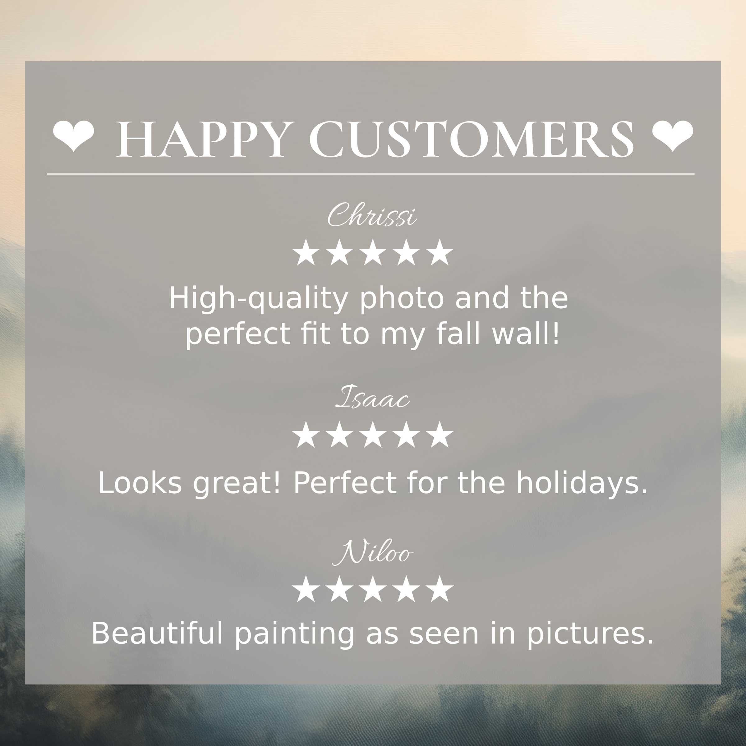 Positive happy customer reviews with elegant abstract sunset background, promoting premium landscape art for Frame TV