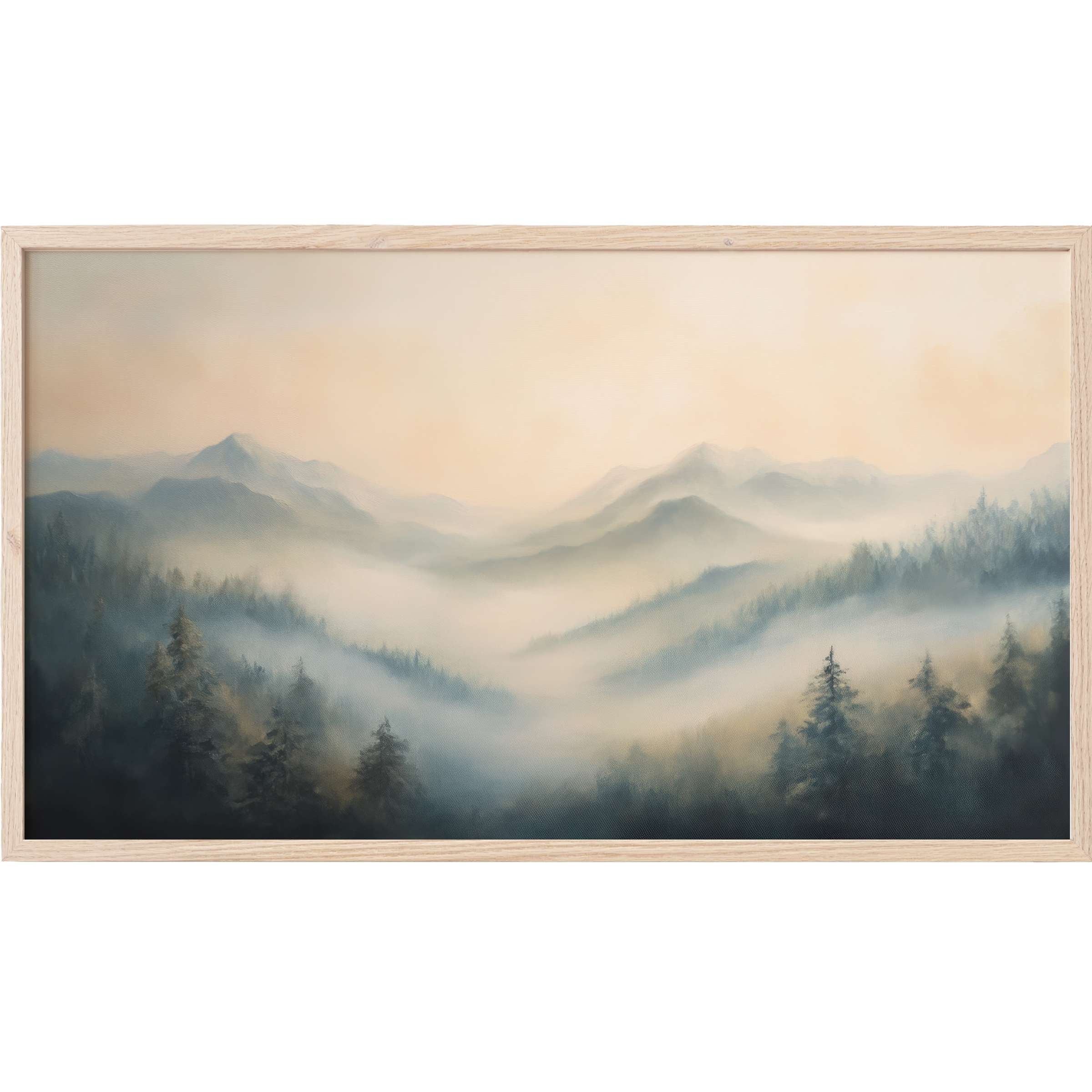 Serene misty mountain vista in muted blues and creams, an elegant landscape Frame TV Art for refined interiors