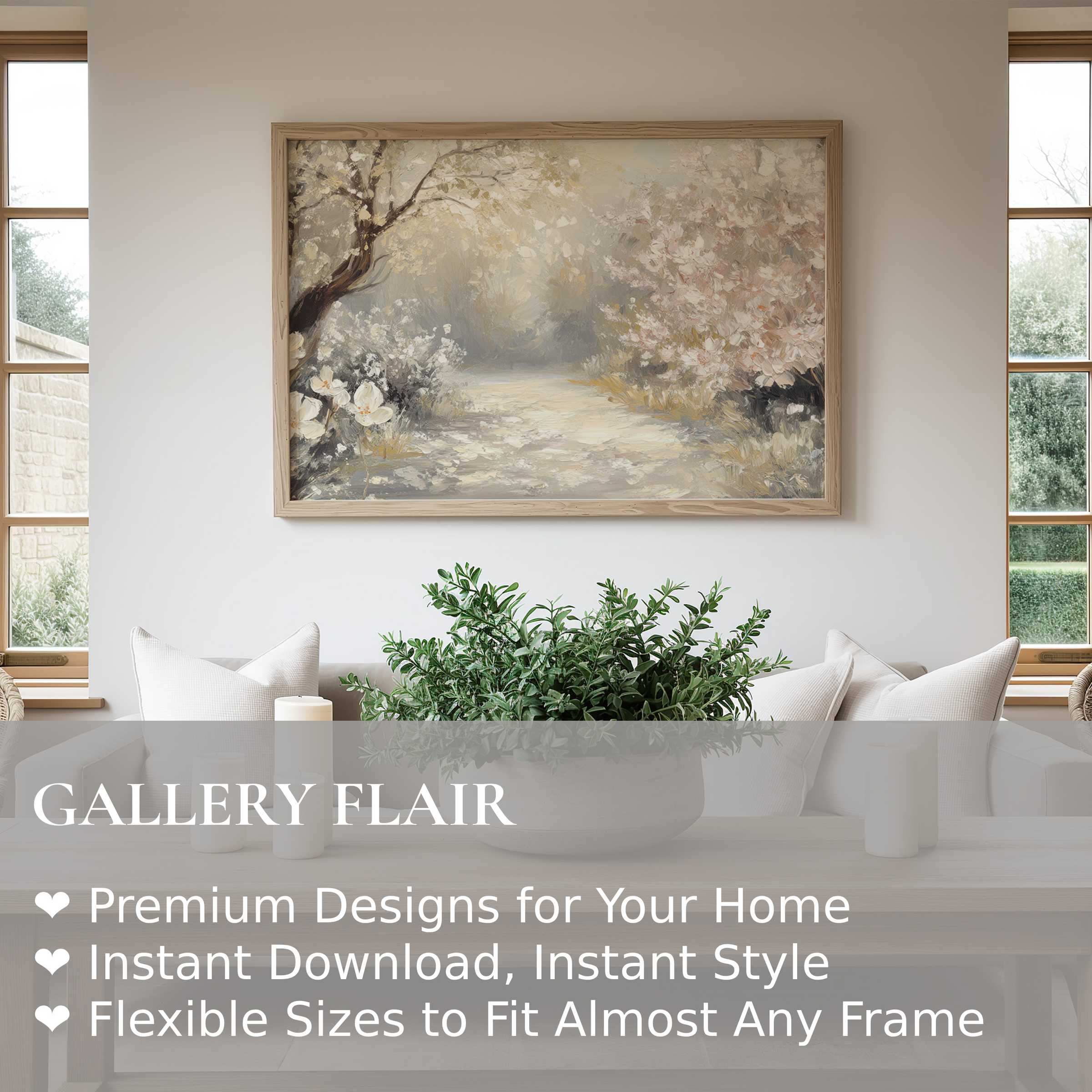 Elegant spring wall art print featuring a serene blooming path in soft neutrals, enhancing modern minimalist interiors with calming charm