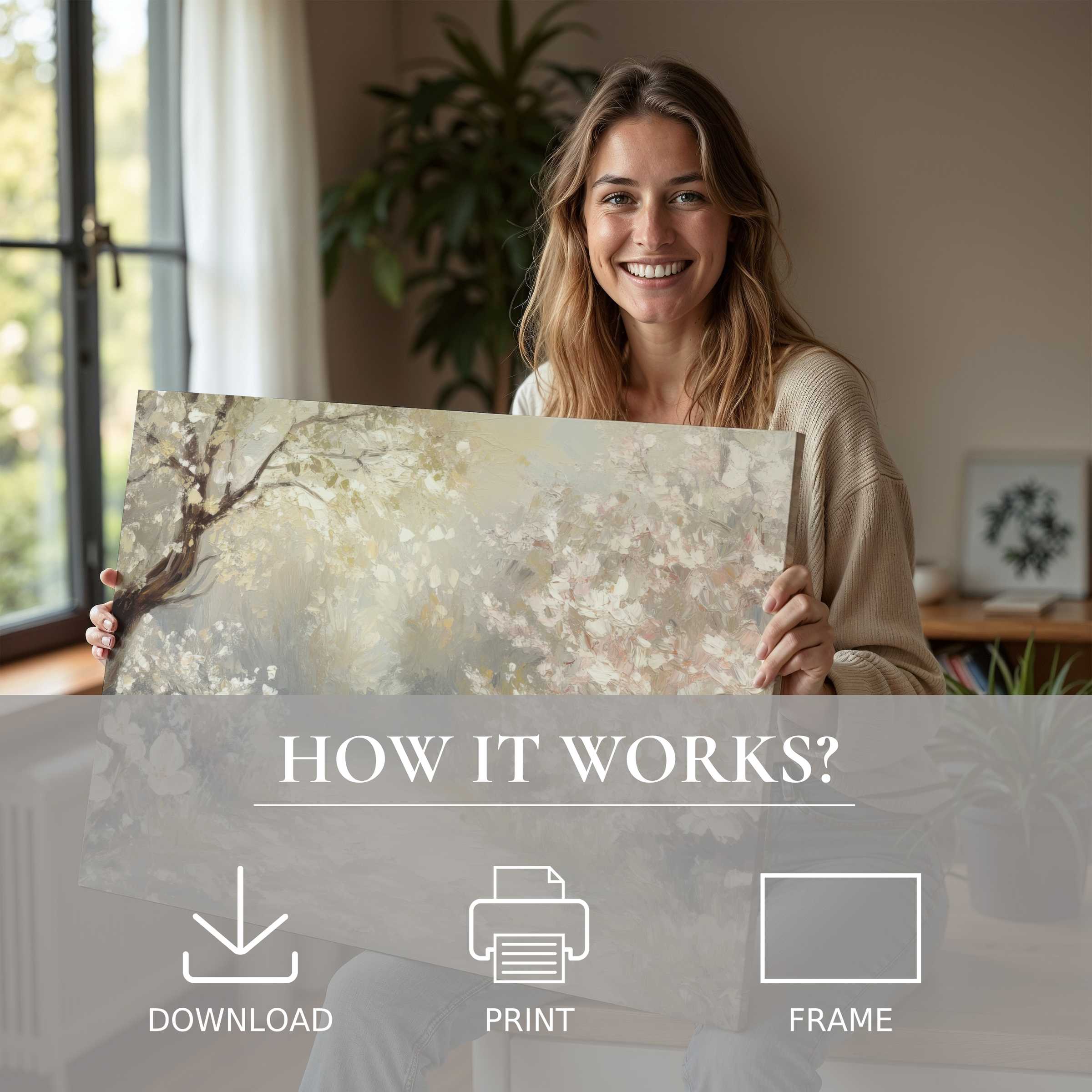 Radiant spring digital art print embraced in a modern home, evoking joy and effortless elegance in living with art