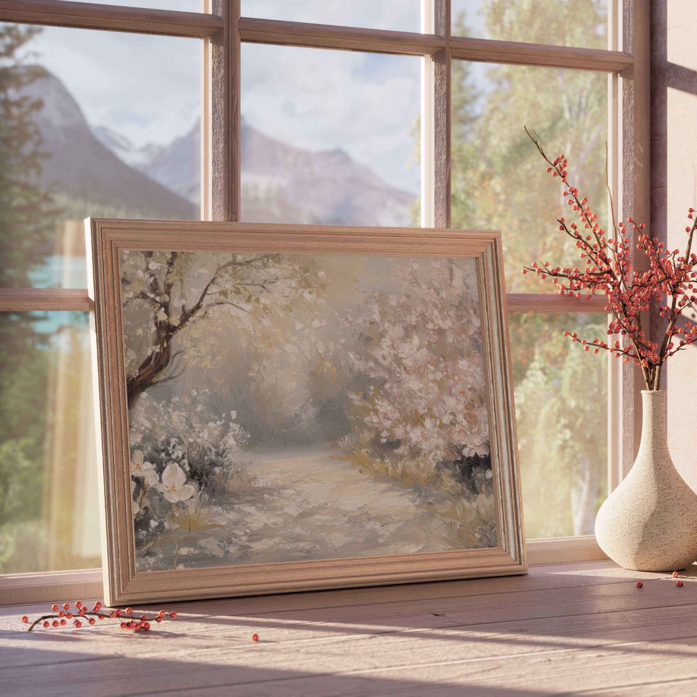 Spring downloadable art evoking tranquil garden paths, soft blooms, and serene light - perfect for curated, elegant interiors