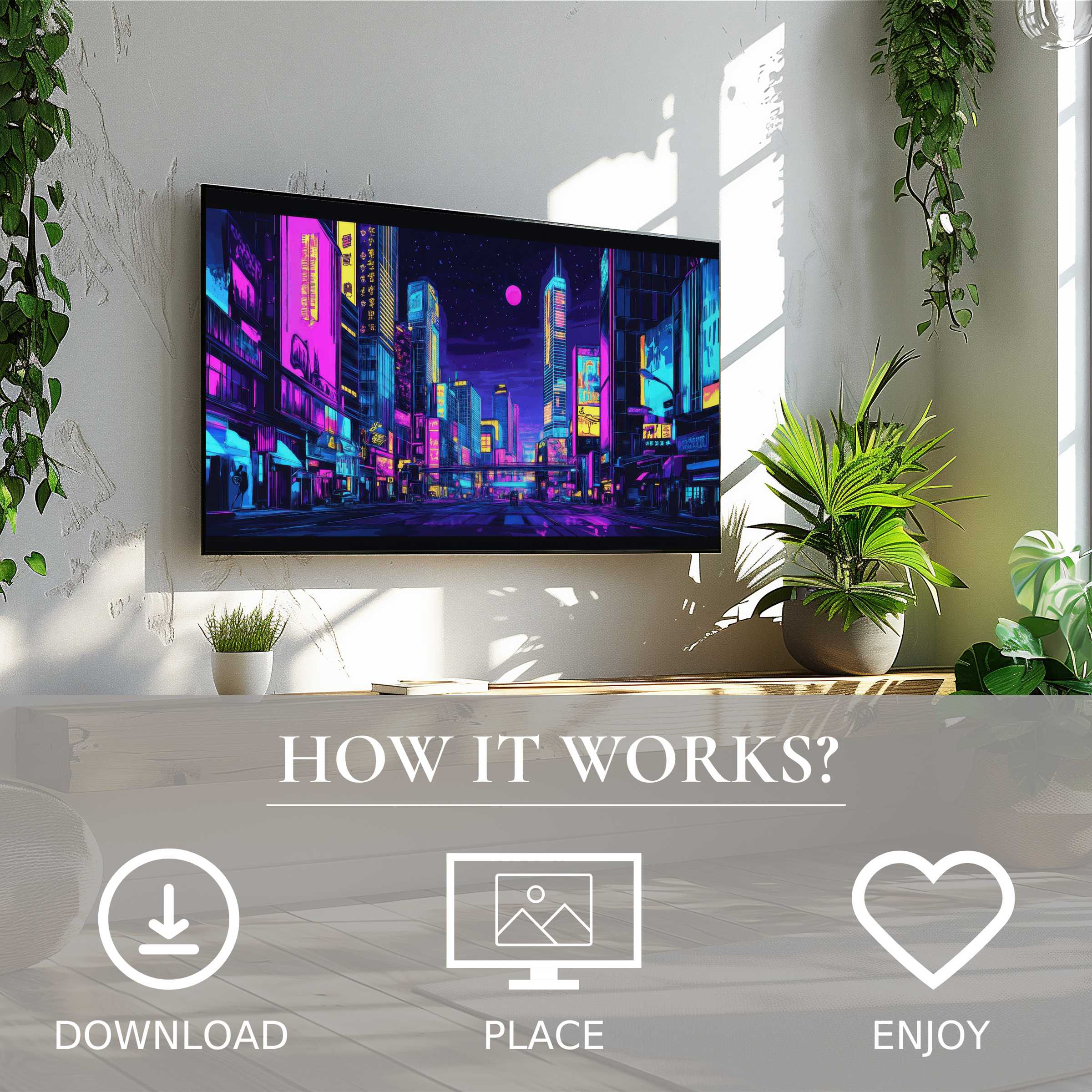 Modern living room with pop art art for Samsung TV showing neon cityscape; easy digital download enriches decor