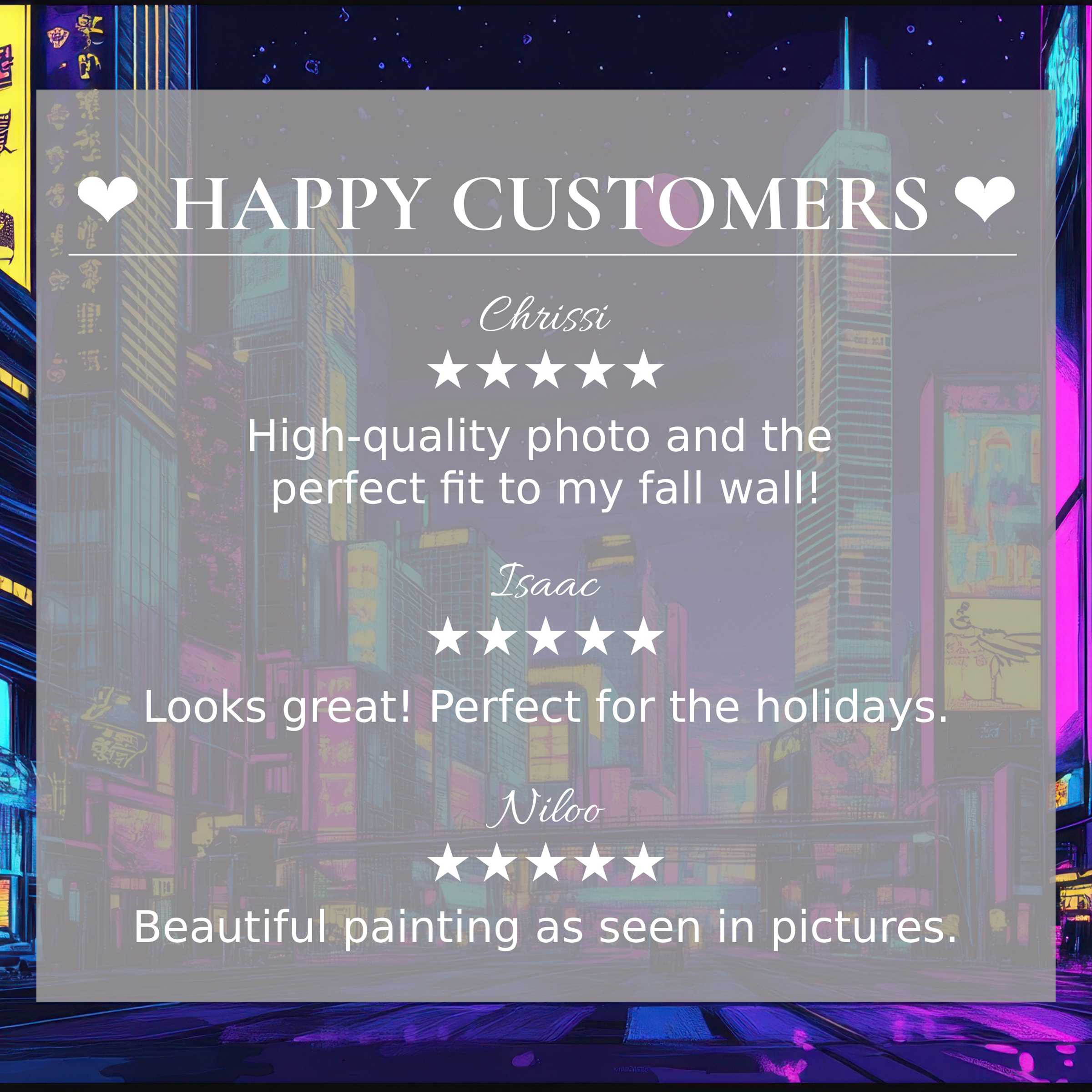 Pop art for Frame TV with neon cityscape backdrop, showcasing happy customer reviews and elegant, trust-building design